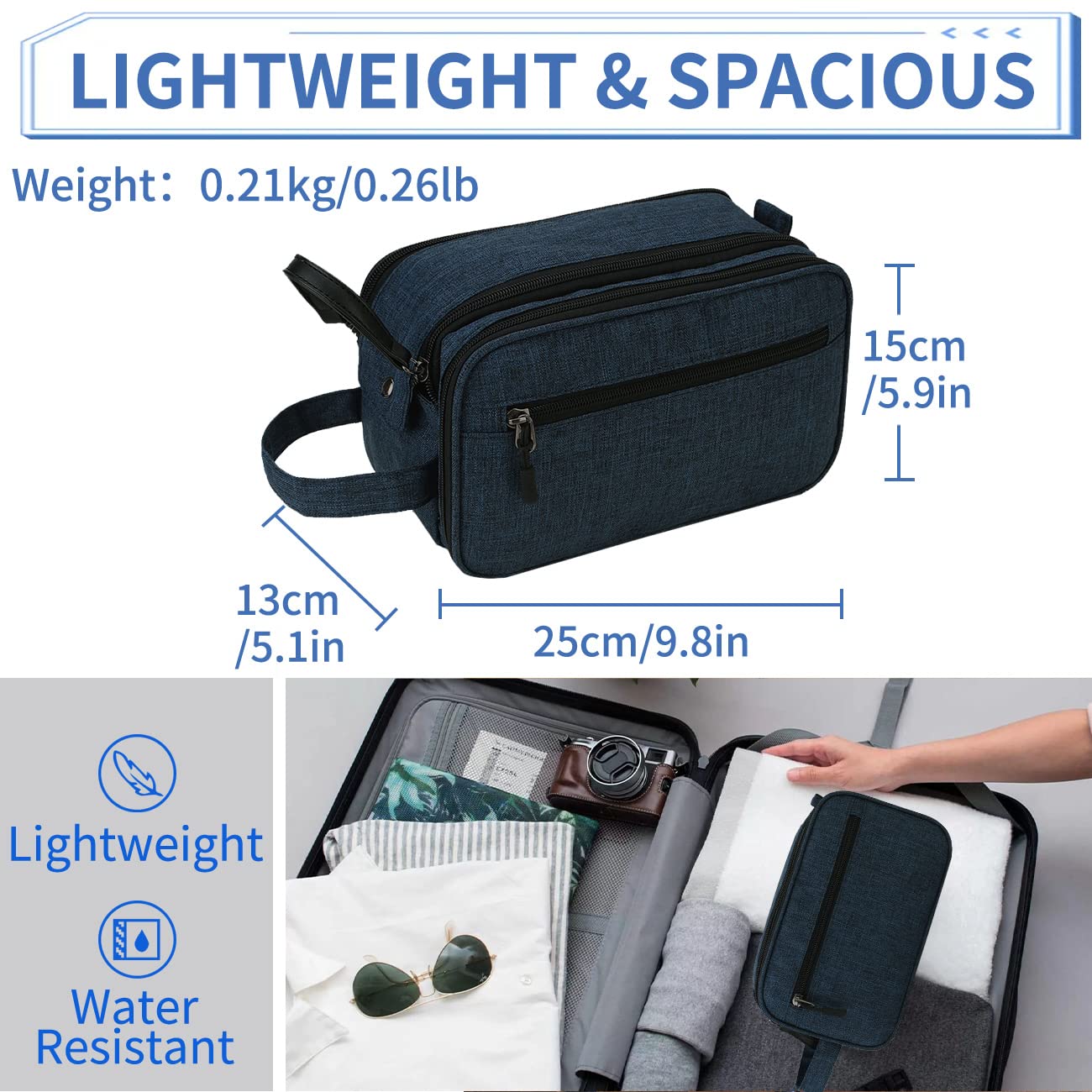 RAVUO Large Travel Toiletry Bag for Men - Waterproof Dopp Kit with Wide Mouth Opening, Portable Shower & Shaving Organizer (Blue) - Perfect for Gym, Camping & Business Trips