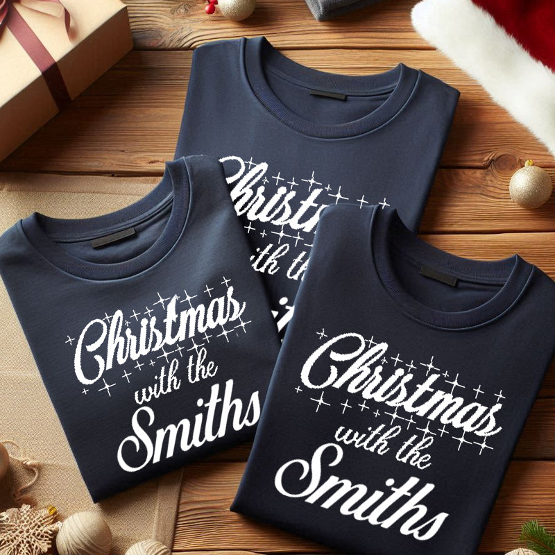 Custom Navy Christmas Family T-Shirts - Personalized Holiday Matching Outfits for Family Gatherings & Festive Photos