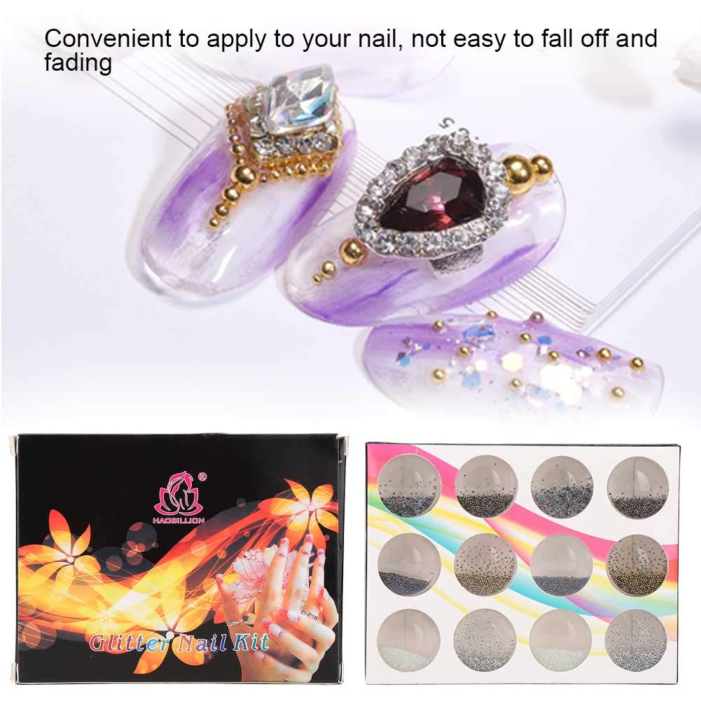 12 Grid DIY Nail Beads Kit - Plastic Glitter Rhinestones for Nail Art, Manicure Decorations & 3D Nail Tips - Perfect for Salon, Home DIY & Party Nail Designs