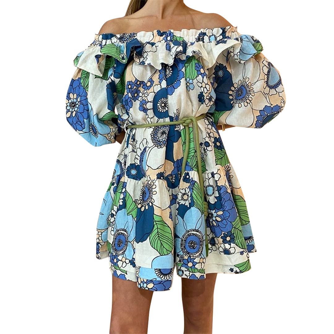 Vintage Floral Print Summer Dress for Women - Diagonal Neckline, Puff Sleeves, Belted A-Line Mini Dress | Perfect for Beach Vacations, Date Nights & Summer Parties