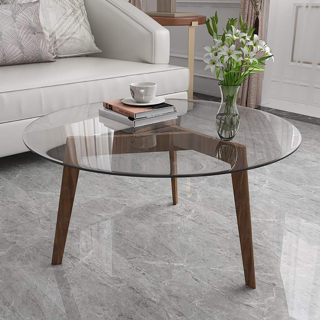 Round Coffee Table with 8mm Reinforced Glass Top & Solid Wood Brown Frame - 80X35CM Modern Low Table for Living Room, Bedroom, Office - Perfect for Small Spaces, Coffee Time & Home Decor