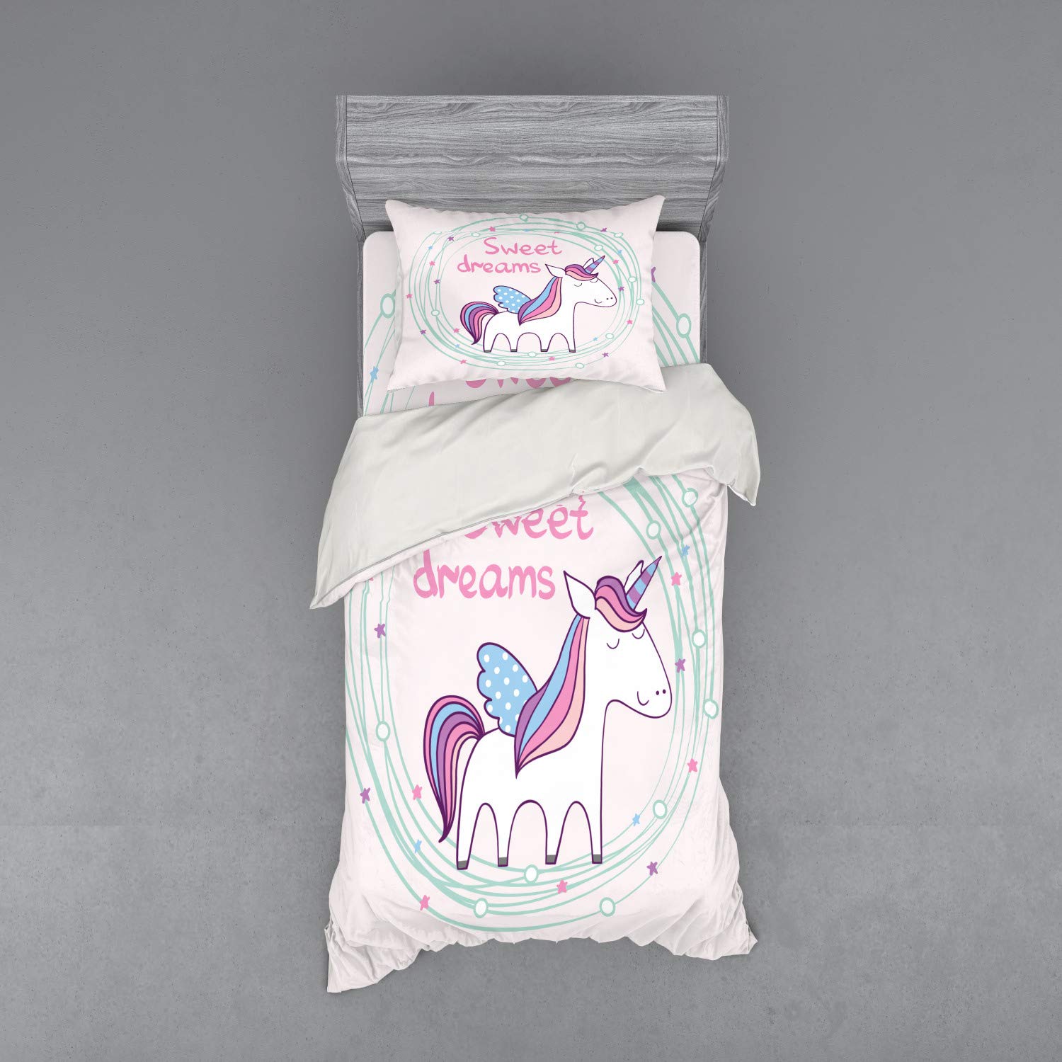 Ambesonne Unicorn Themed 3-Piece Bedding Set - Hand Drawn Circles, Dots & Stars Design - Twin Size Duvet Cover with Sham & Fitted Sheet - Vibrant Multicolor - Perfect for Kids' Rooms & Fantasy Themed Decor