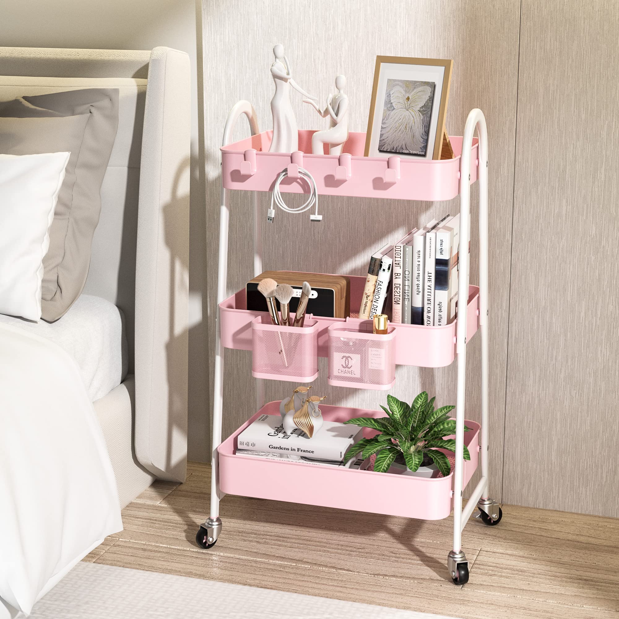 KINGRACK 3-Tier Metal Rolling Utility Cart with Locking Wheels, Handle & 2 Hanging Baskets - Pink Storage Organizer for Bathroom, Bedroom, Craft Room, Kitchen & Office - Perfect for Art Supplies, Makeup, Towels & Home Organization