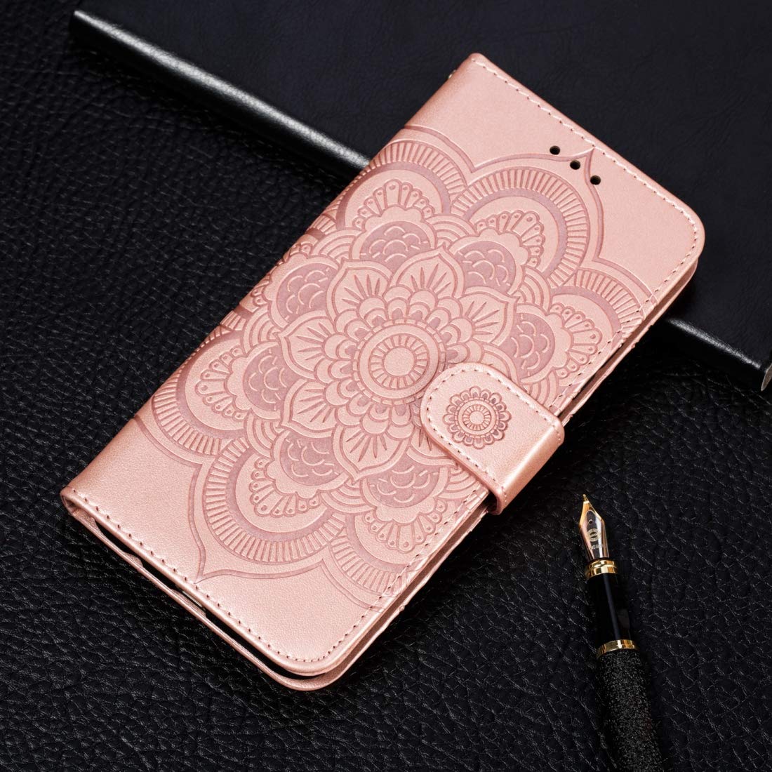 **Samsung Galaxy A70 Phone Case - Mandala Embossed Leather Flip Cover with Card Holder, Wallet, Photo Frame & Lanyard (Rose Gold) - Perfect for Travel, Work & Everyday Use**