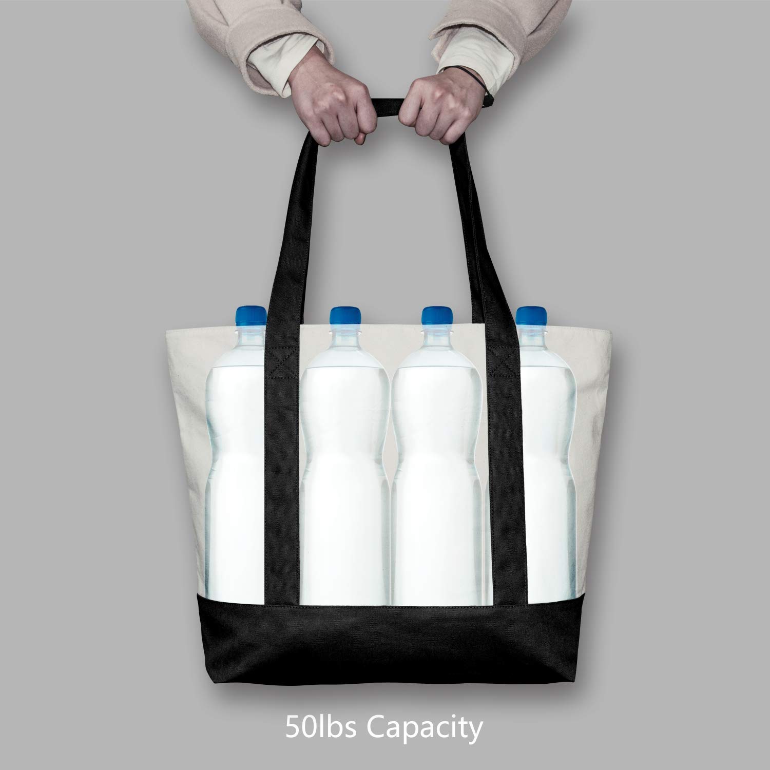 TOPDesign 30-Pack Canvas Tote Bags with External Pocket - Reusable Grocery Shopping Bags with Top Zipper Closure for Daily Essentials (Black/Natural) - Perfect for Grocery Shopping, Beach Trips & Work Commute
