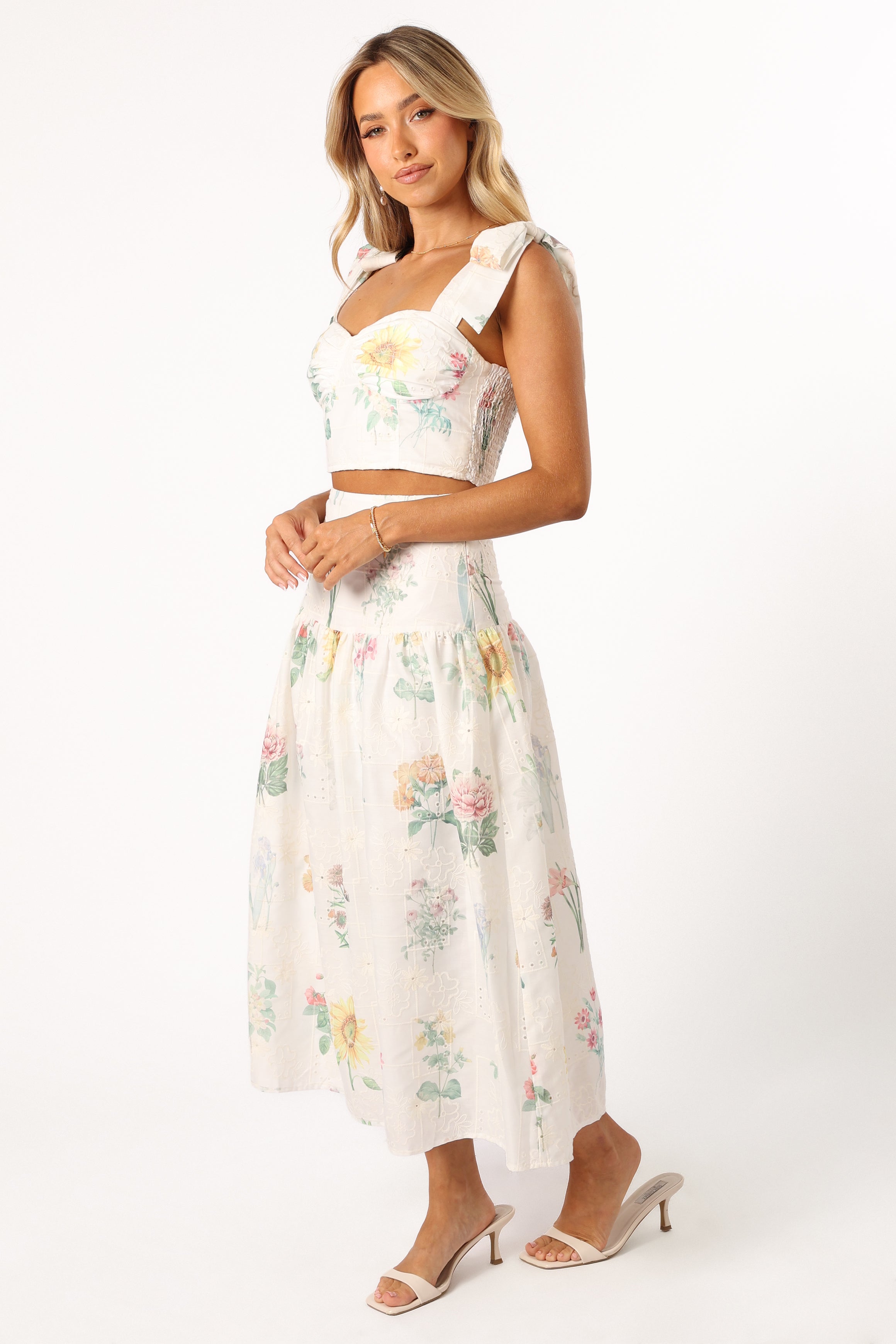Kara Two Piece Set - White Floral Print Women's Outfit | Summer Dress & Top Combo for Beach, Vacation & Casual Wear