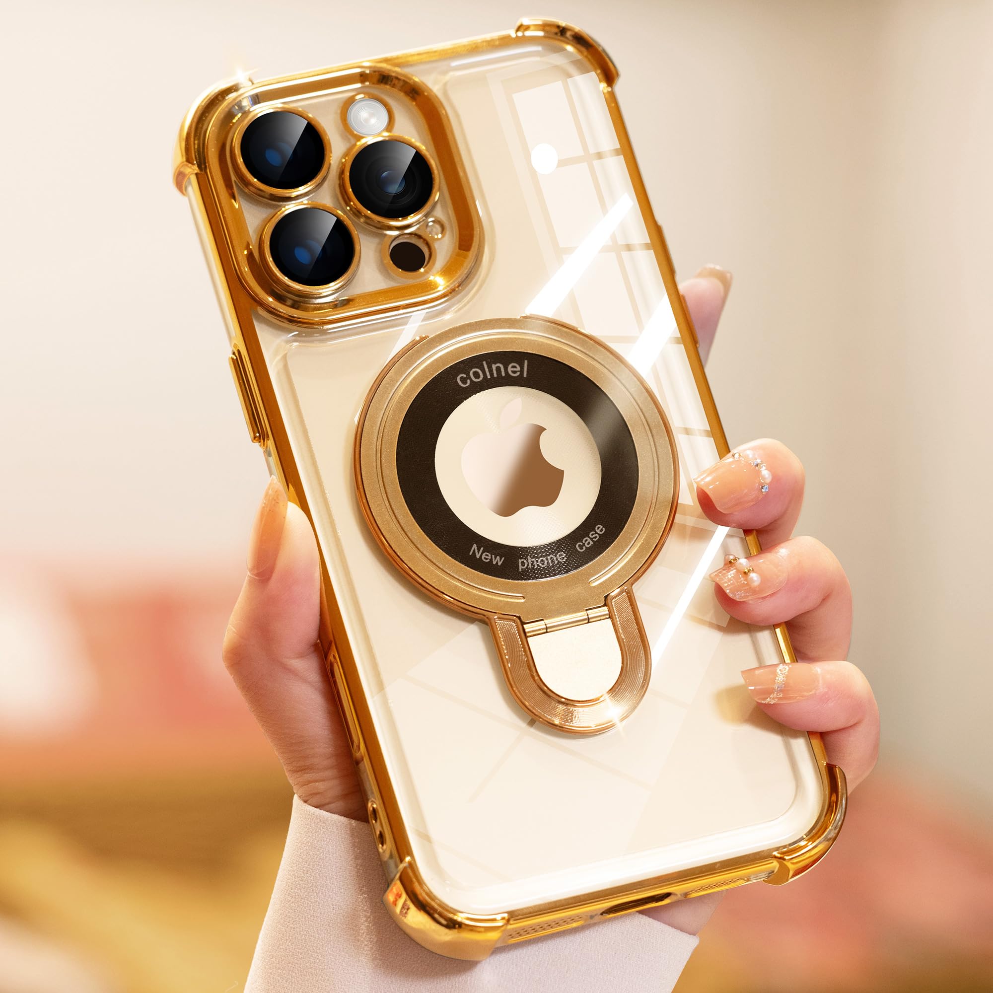 Shockproof iPhone 16 Pro Max Case with Built-in Lens Protector - Foldable Stand & Magnetic Ring Holder - Magsafe Compatible - Glossy Gold Bumper Case for Women - Perfect for Travel, Photography & Daily Protection