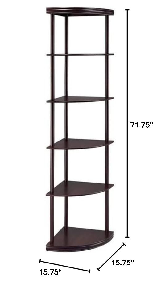 BOWERY HILL 5-Shelf Wooden Corner Bookcase - Mahogany Finish, Space-Saving Storage for Living Room, Bedroom, Office & Study