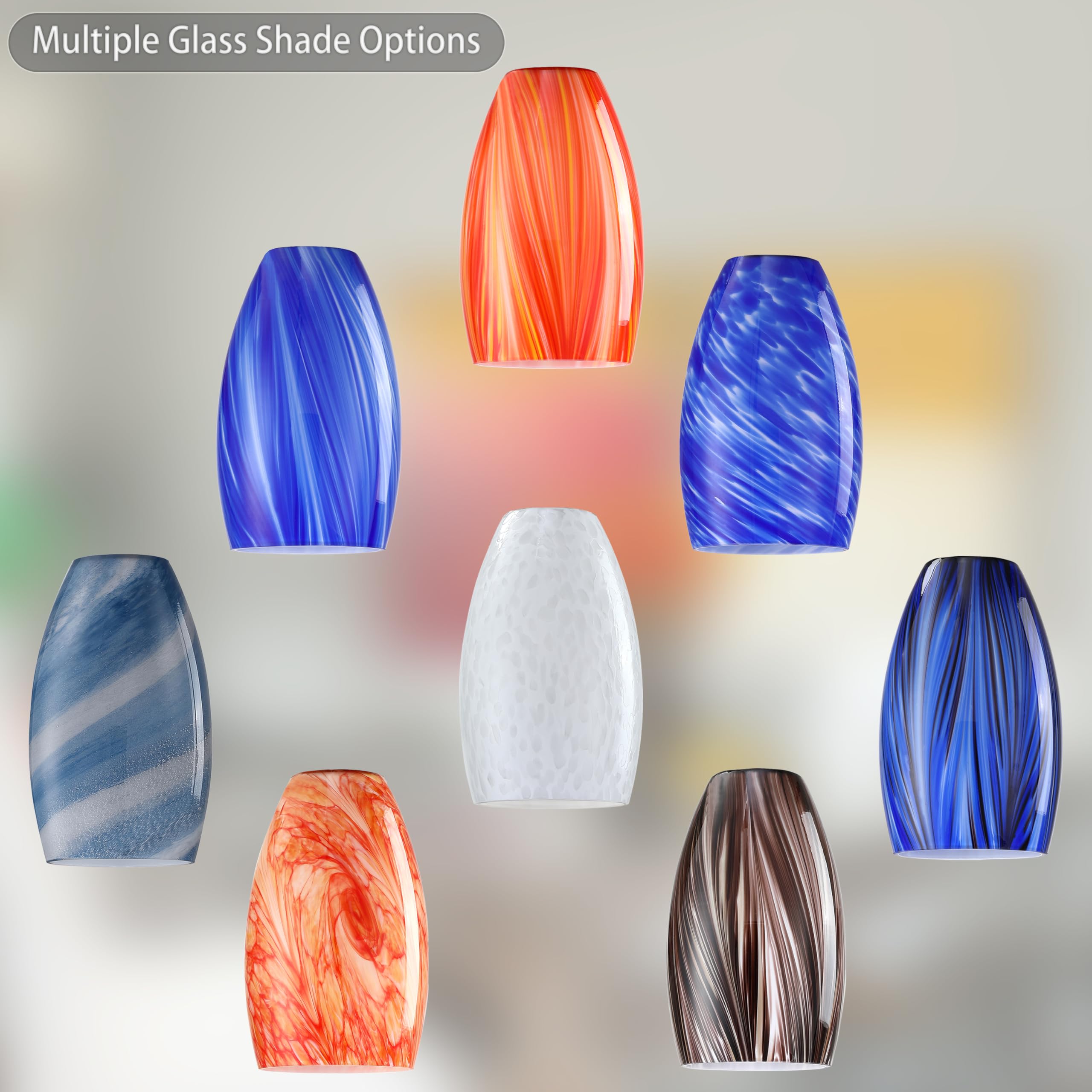 3 Pack 4.65 Inch Handblown Art Glass Lamp Shades - Grey Blue Oval Replacement Shades for Kitchen Island Pendant, Ceiling Chandelier & Light Fixtures | Perfect for Dining Room, Bedroom & Home Decor Lighting