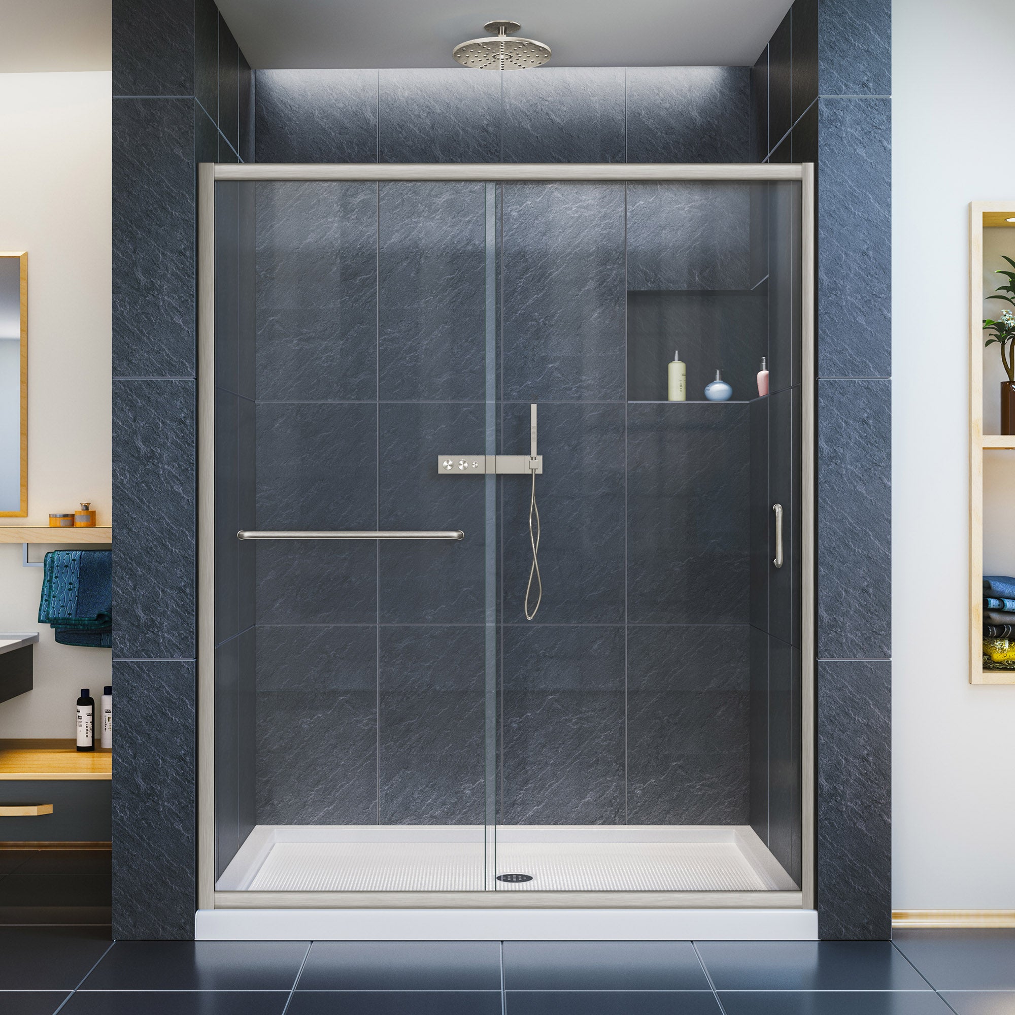DreamLine Infinity Z 32x60x74.75 Inch Semi-Frameless Sliding Shower Door with SlimLine Base Kit - Clear Glass Shower Enclosure for Modern Bathrooms - Perfect for Home Renovation & Spa-Like Experience