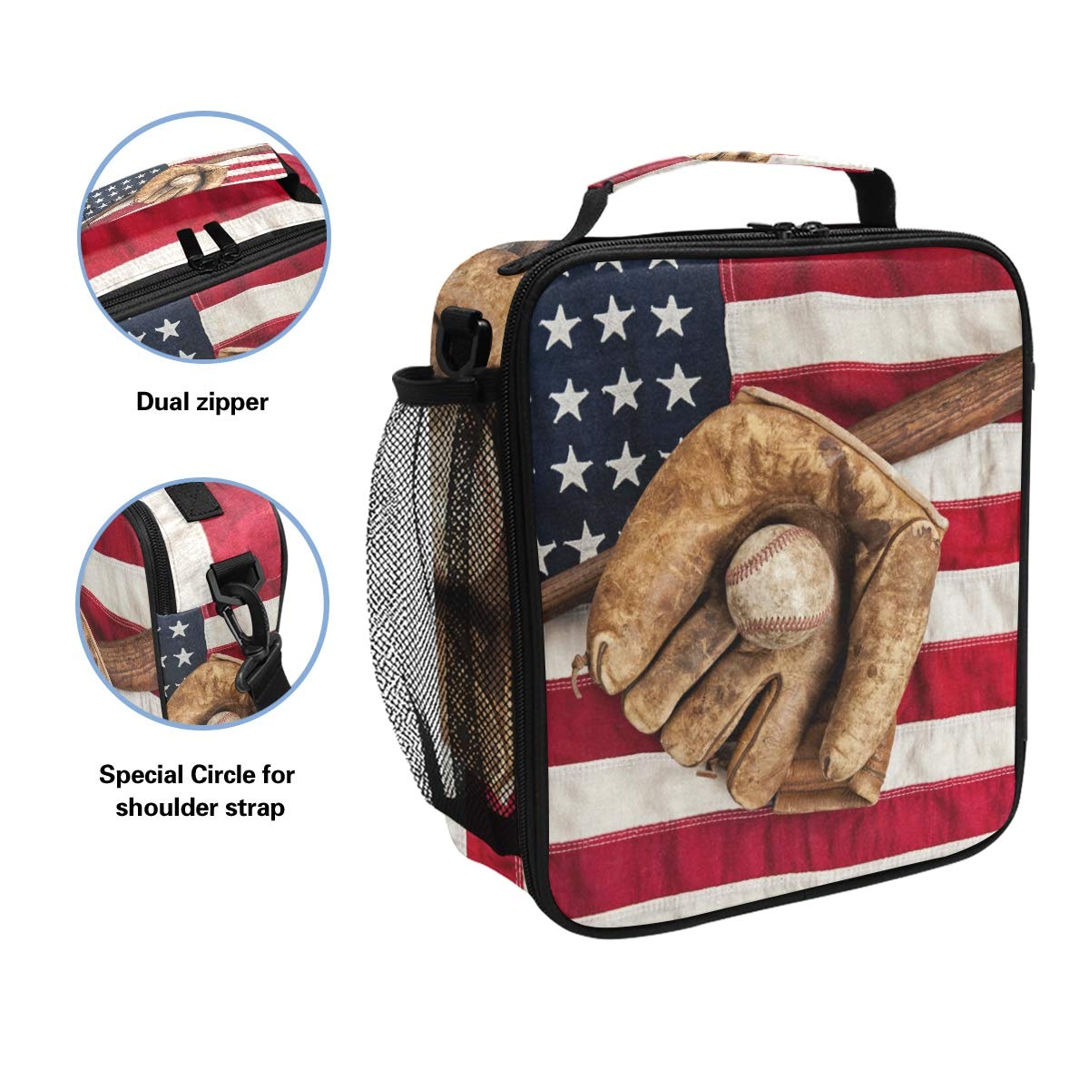 **American Flag Insulated Lunch Box - Baseball Sport Design Cooler Tote Bag with Shoulder Strap for Men, Women, Boys & Girls - Perfect for School, Work, Picnics & Outdoor Activities**