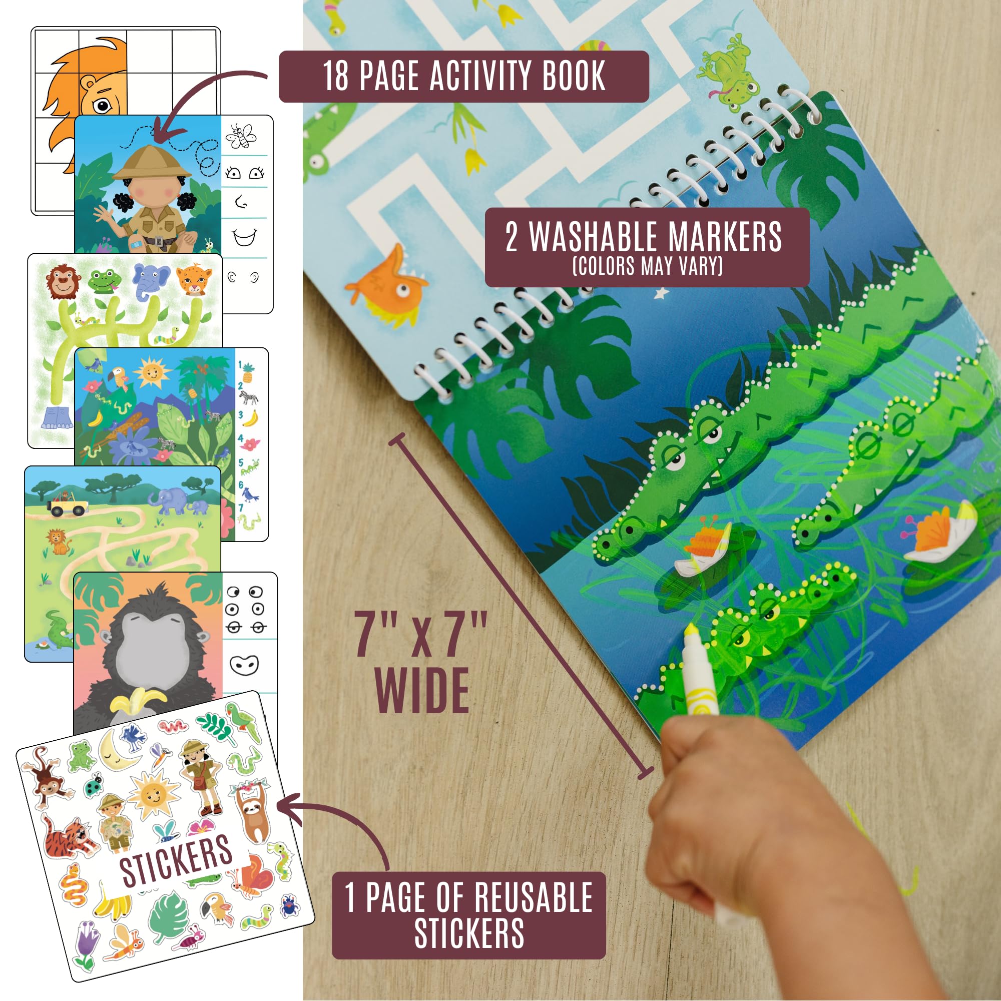 Washable Travel Activity Book for Kids Ages 4-6 | 7x7 Inch Educational Toy with Reusable Stickers & Markers | Car & Airplane Games, Search & Find Learning Activities | Perfect for Road Trips, Flights & Quiet Time (Jungle Theme)