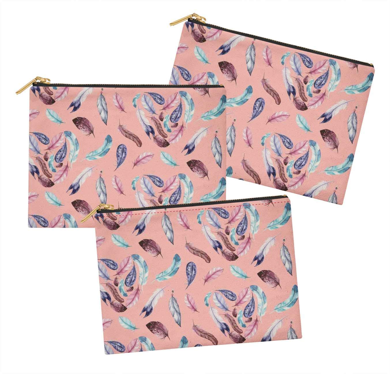 S4Sassy Pink Artistic Feather Cosmetic Bag Set of 3 - 6x8 Inch Printed Makeup Pouch, Coin Purse & Toiletry Organizer - Perfect for Travel, Gym & Daily Essentials Storage