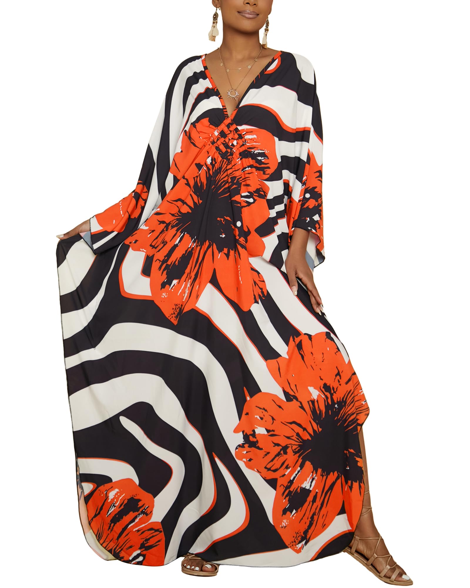 Bsubseach Women's Floral Print Kaftan Dress - Plus Size Swimsuit Cover Up, Beach Loungewear & Summer Bathing Suit Caftan for Pool, Vacation, and Resort Wear (2025 Collection)