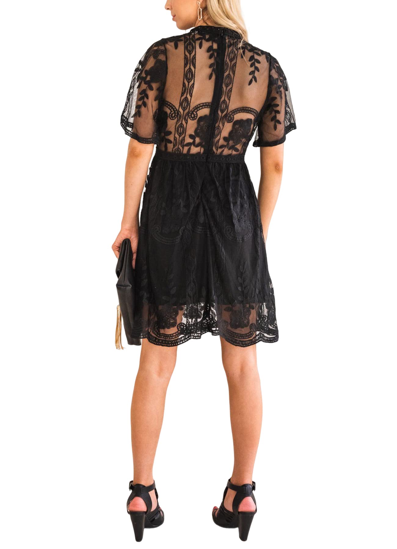 HOYISHION Women's Floral Embroidered Lace V-Neck Mini Dress - Wedding Guest, Bridesmaid, Cocktail Party Outfit for Summer Events & Date Nights
