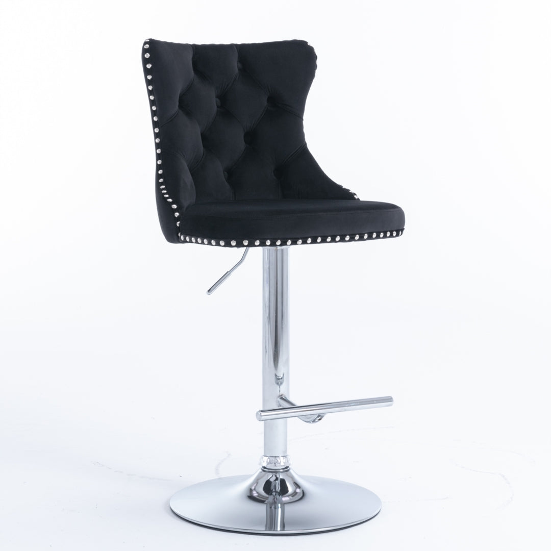 Adjustable Height Swivel Bar Stool with Footrest - Velvet Upholstery & Chrome Base - Modern Kitchen Island & Home Bar Stool - Black