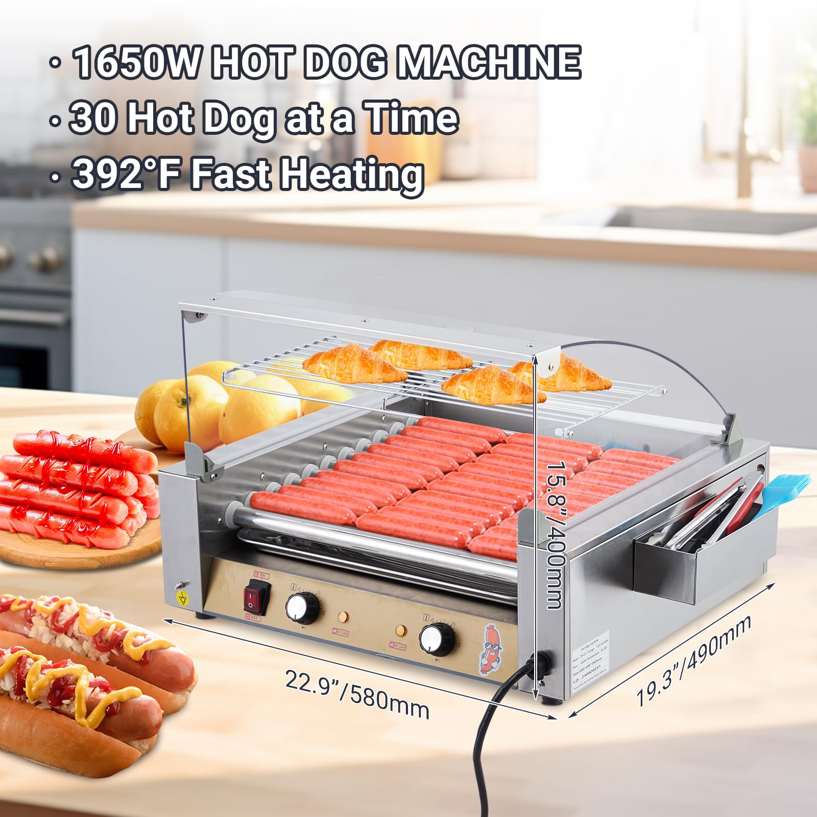 Commercial & Household Hot Dog Roller Machine - 11 Stainless Steel Sausage Grill Cooker with Glass Cover, Dual Temperature Control, Removable Drip Tray & Bun Warmer (1650W) - Perfect for Restaurants, Food Trucks, Parties & Home BBQs