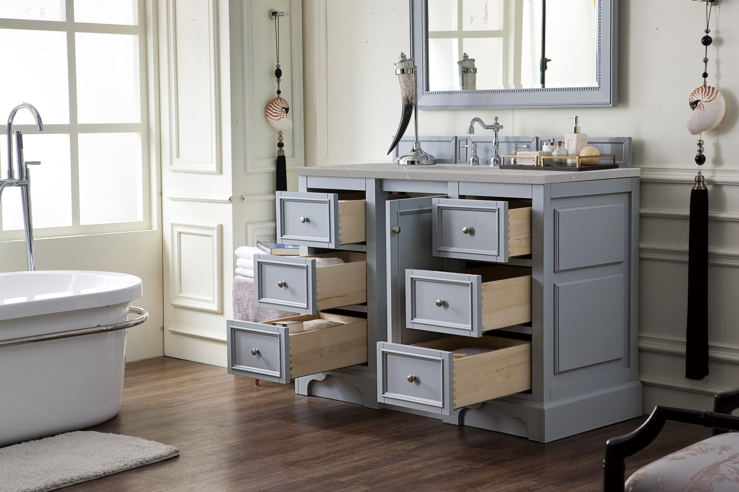 De Soto 48 Inch Single Bathroom Vanity with 3CM Eternal Serena Quartz Top in Silver Gray - Perfect for Modern Bathroom Renovations and Home Upgrades