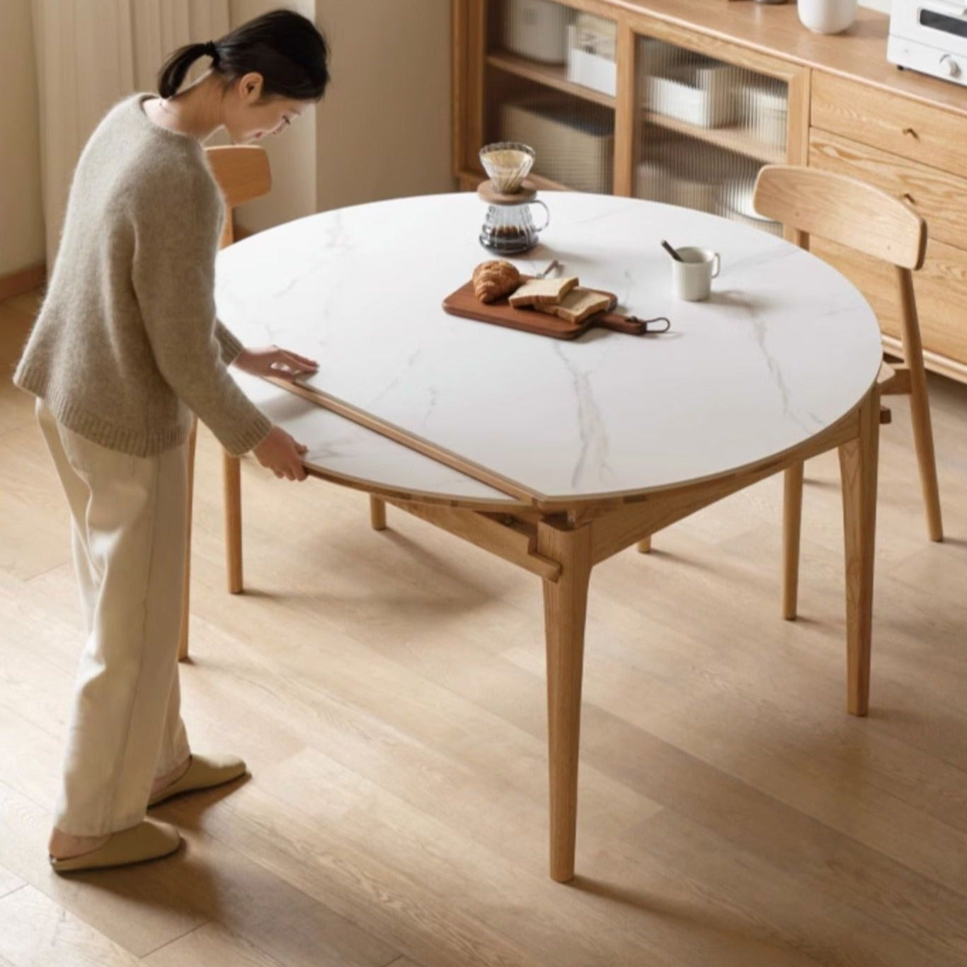 Solid Oak Round Folding Dining Table with Natural Stone Slab Top - Perfect for Small Spaces, Outdoor Dining & Home Decor