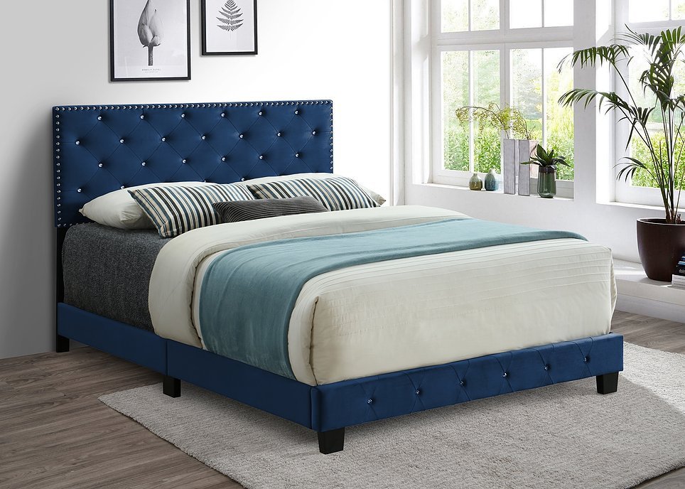 Luxury Blue Velvet Upholstered Bed with Nailhead Trim & Rhinestone Accents - Queen Size Tufted Headboard for Master Bedroom Elegance