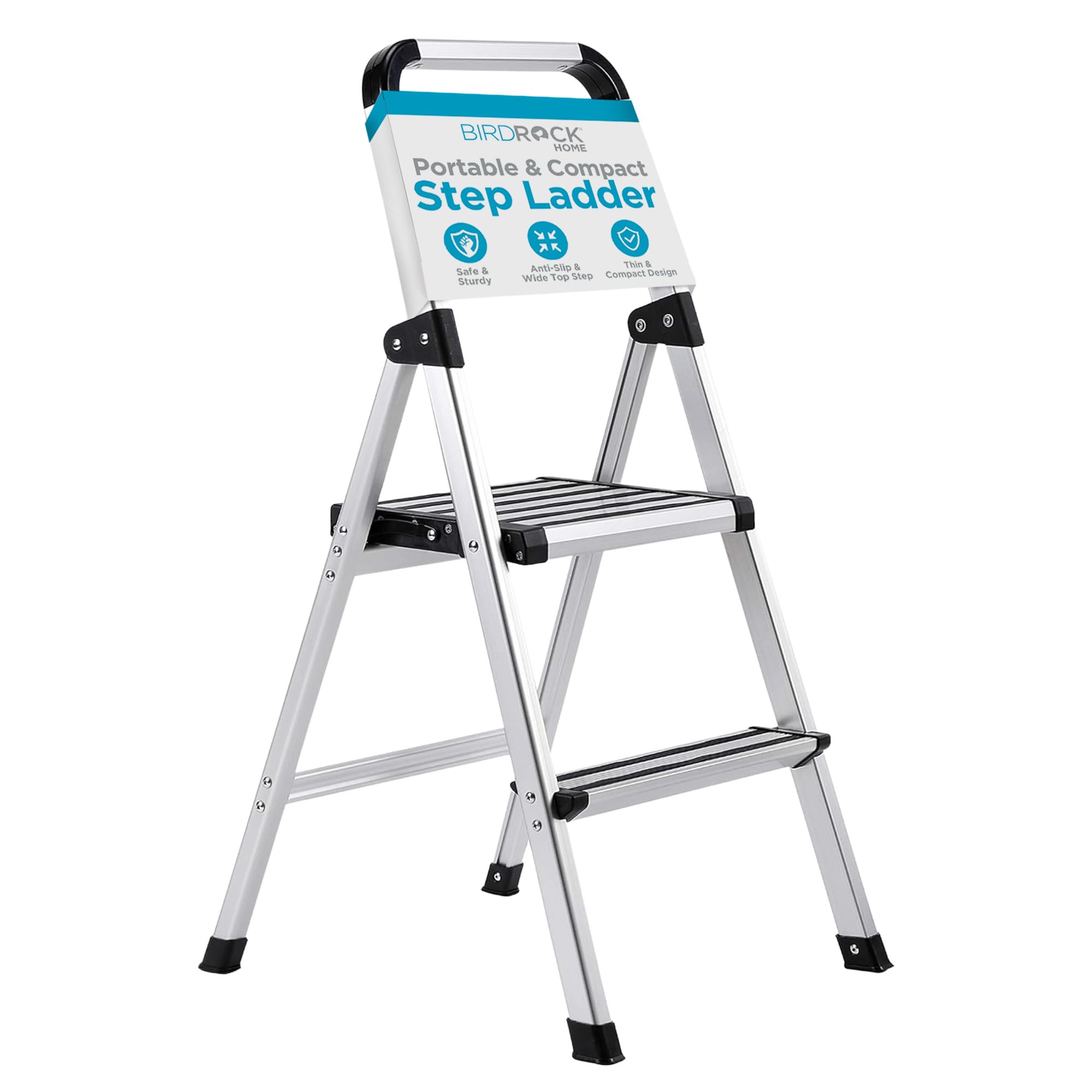 BIRDROCK HOME 2-Step Aluminum Step Ladder - Lightweight Foldable Stepladder with Wide Non-Slip Rubber Feet - Perfect for Kitchen, Pantry, Closet Organization & Home Office - Space Saving Indoor Ladder for Household Cleaning, Shelf Access & Decorating - Silver