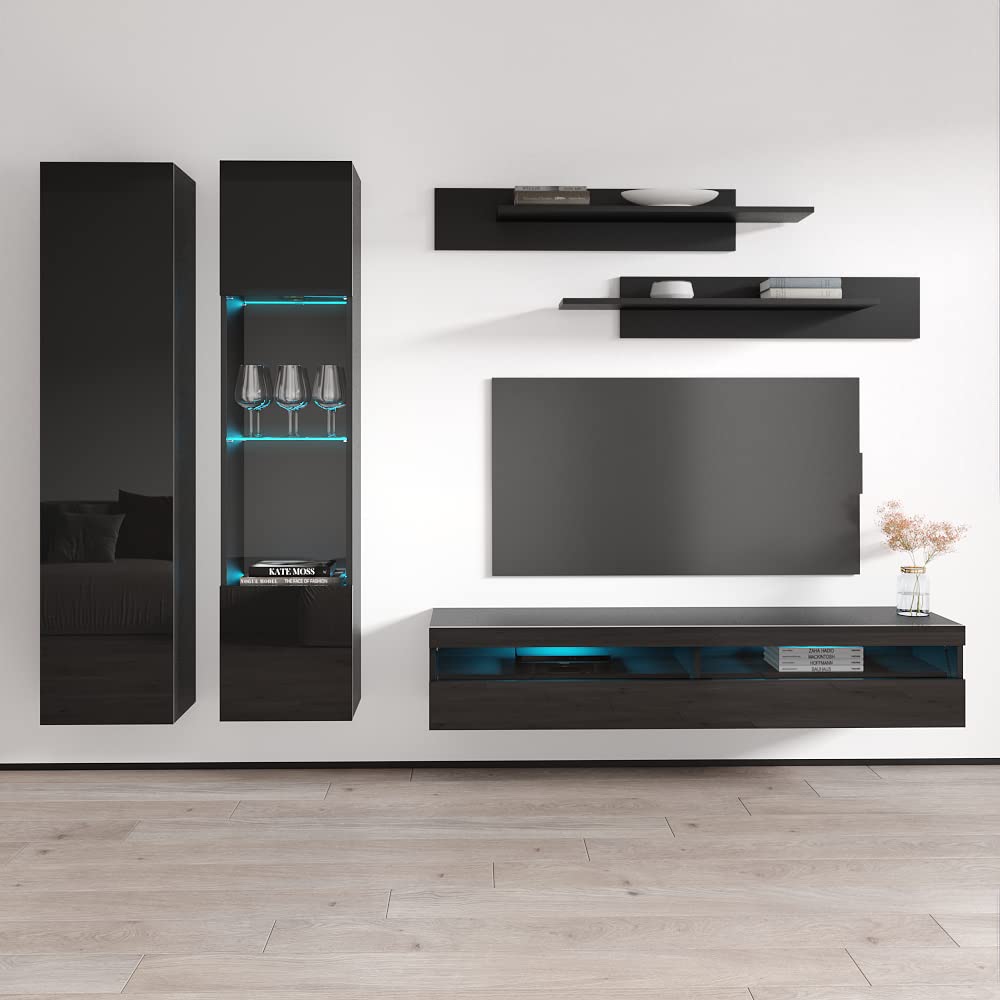 Modern Floating TV Stand with Storage & LED Lights - Wall-Mounted Entertainment Center for Bedroom & Living Room - A5 35