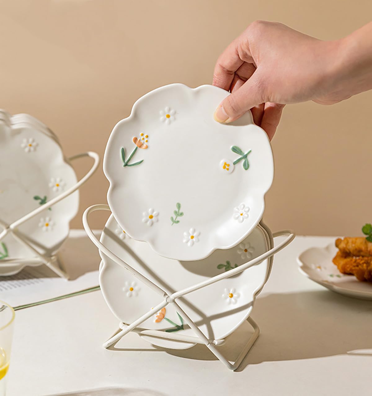 Embossed Floral Ceramic Condiment Bowls - 4-Piece Set (6 Inch) for Sushi, Appetizers, Desserts | Elegant Serving Dishes for Kitchen & Dining Table