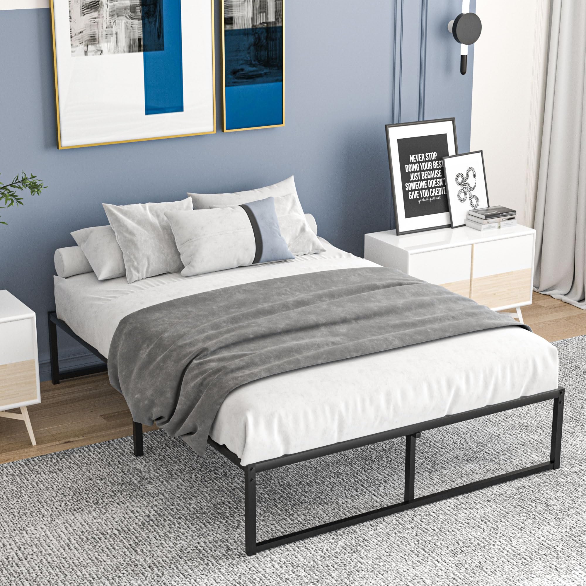 VECELO 14 Inch Queen Size Platform Bed Frame with Steel Slat Support - No Box Spring Needed, Mattress Foundation - Sturdy Black Metal Frame for Bedroom, Guest Room, Dorm
