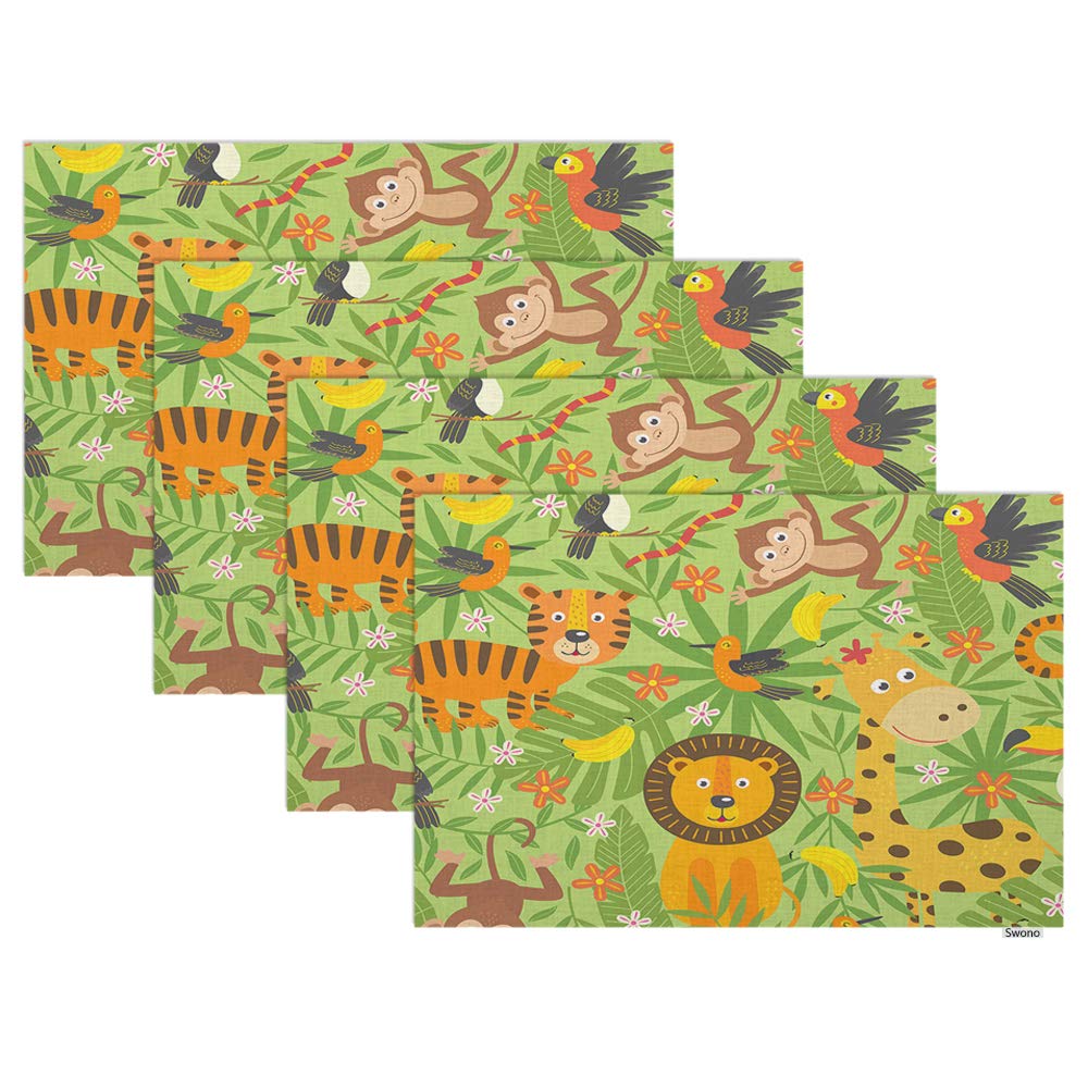 Swono 4-Piece Jungle Animal Placemats Set - Lion, Tiger, Monkey & Giraffe Waterproof Dining Table Mats 12