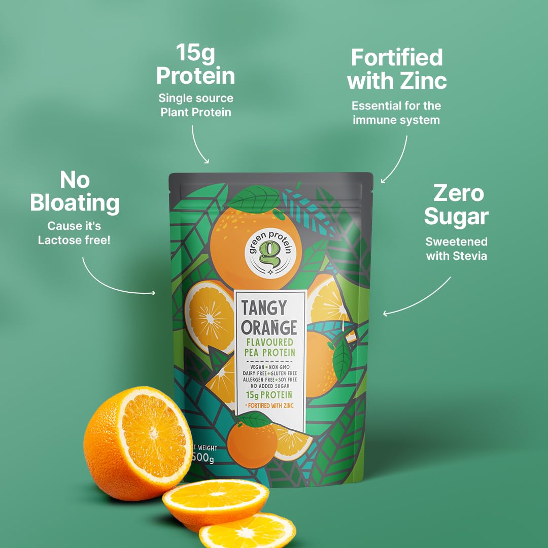 GREEN PROTEIN Pea Protein Isolate Powder - Vegan Plant-Based Protein Supplement, 15g Protein Per Serving, No Added Sugar, Soy Free, Dairy Free, Gluten Free, Allergen Free, Tangy Orange Flavor, 500g Pouch - Perfect for Post-Workout Recovery & Smoothies