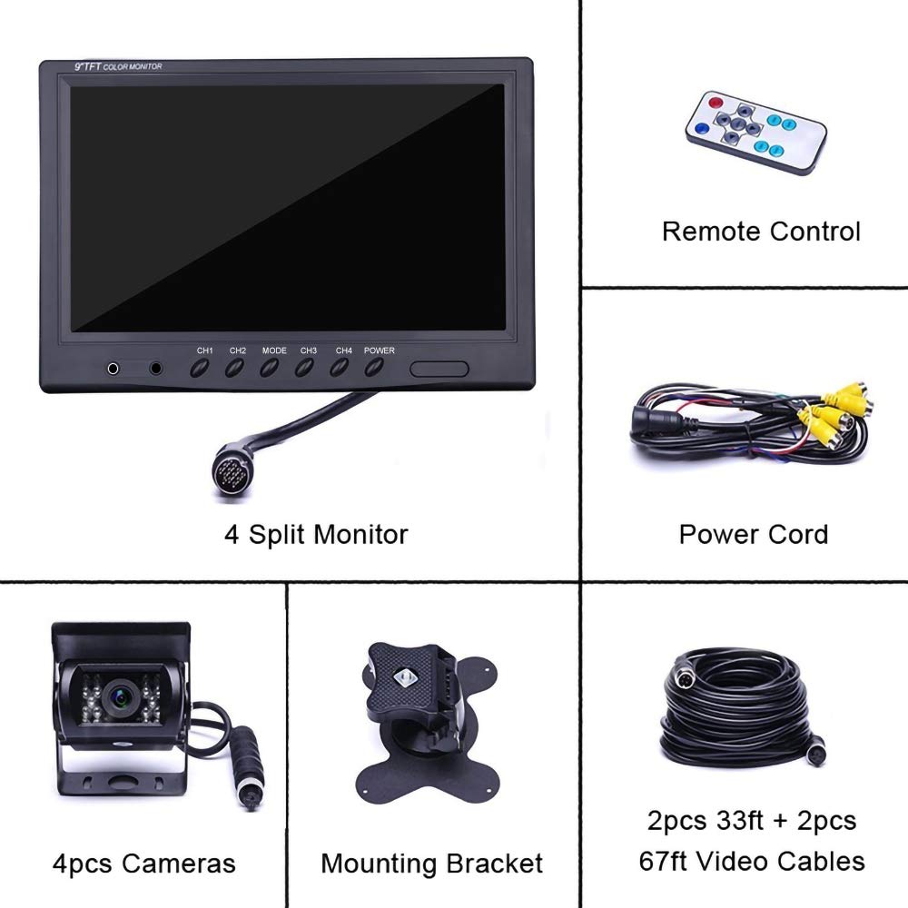 Camecho 9 Inch 4 Split Screen Backup Camera System with Front & Rear View - 4 Channel 18 IR Night Vision Waterproof Vehicle Camera Kit (2x33ft + 2x65ft Cables) for RV, Trailer, Bus, Truck - Perfect for Parking, Reversing & Blind Spot Monitoring