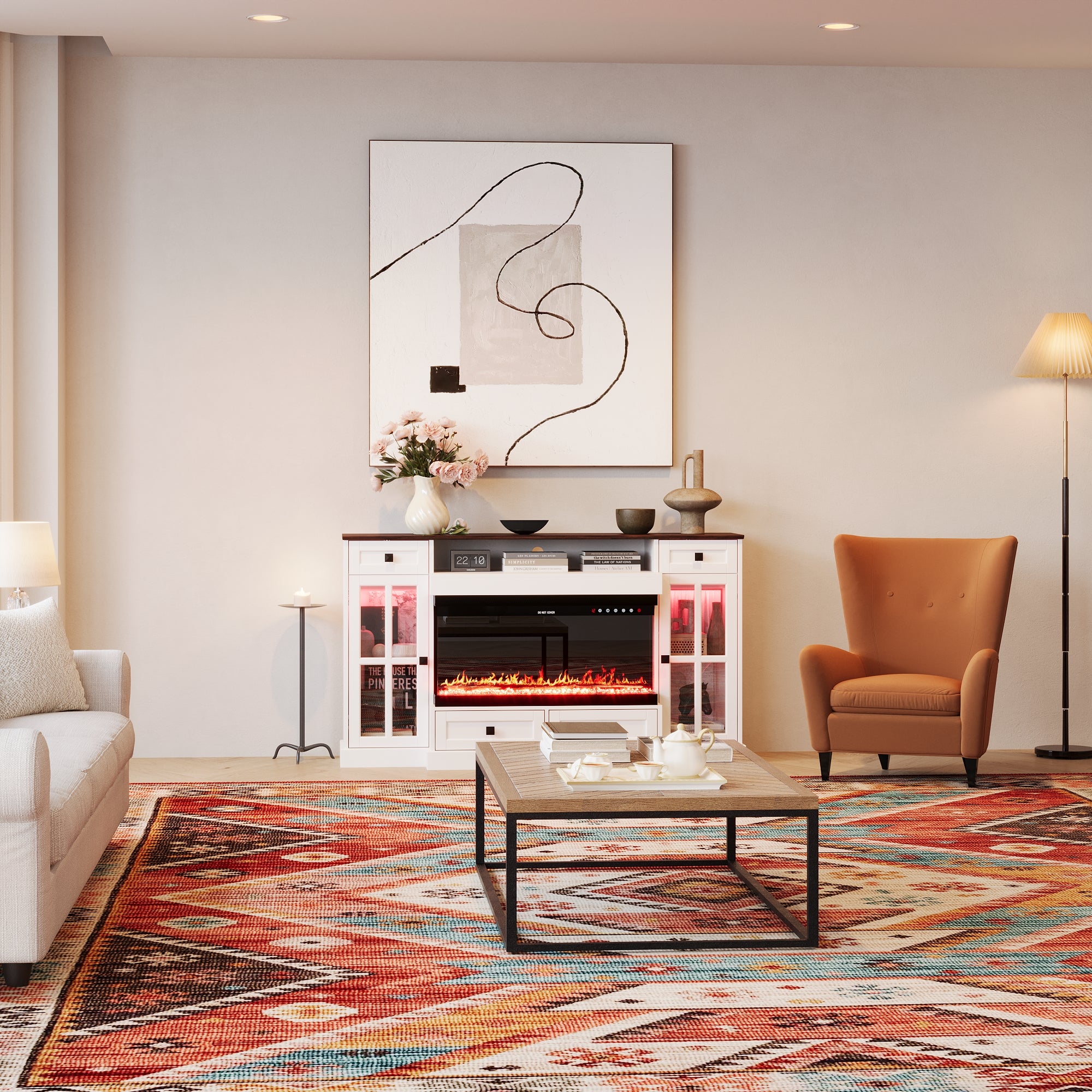 30 Inch Electric Fireplace with White TV Stand - Adjustable LED Flame & Heat - Perfect for Living Room, Bedroom, or Office Decor