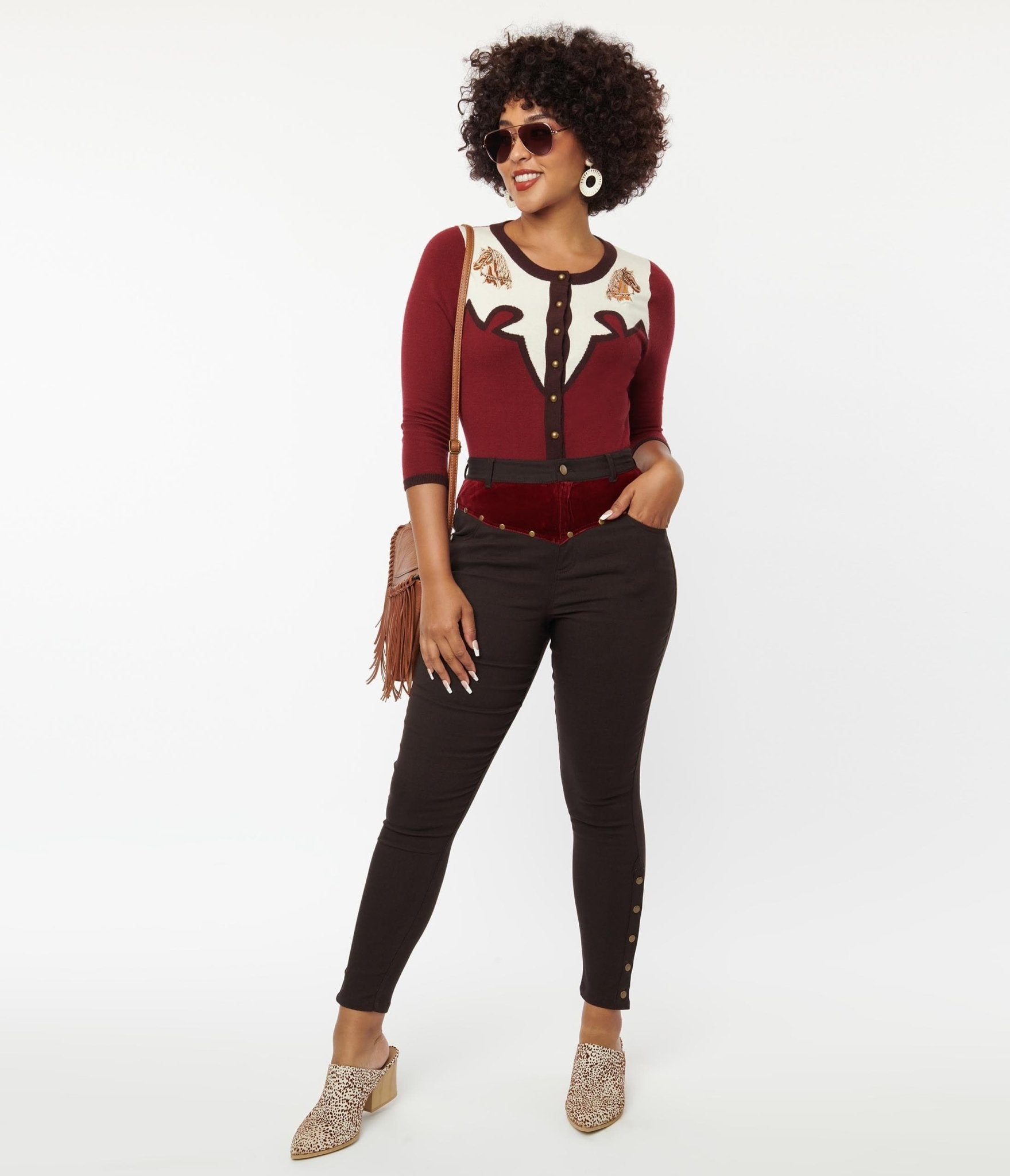 Vintage Brown Denim Skinny Jeans with Red Yoke - High Waisted Slim Fit Stretch Jeans for Women - Perfect for Casual Wear, Date Night & Retro Fashion Outfits