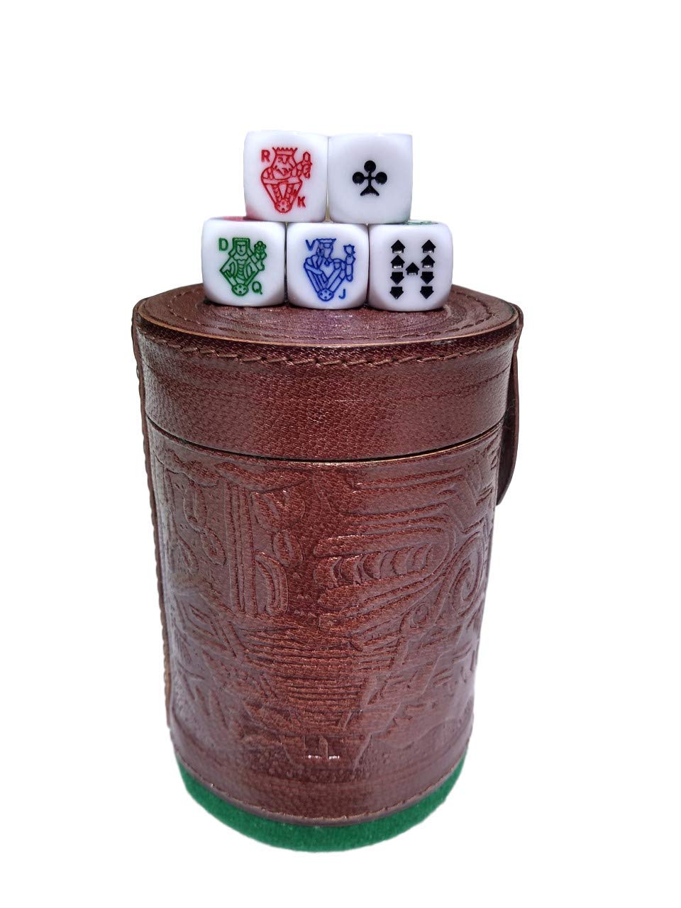 Marquez Premium Poker Dice Game Set with Leather Lined Cup (Cubilete) - 5 Professional Casino Style Dice, Brown, 3.1'' W x 3.5'' H - Perfect for Game Nights, Travel & Spanish-Speaking Players Ages 72+