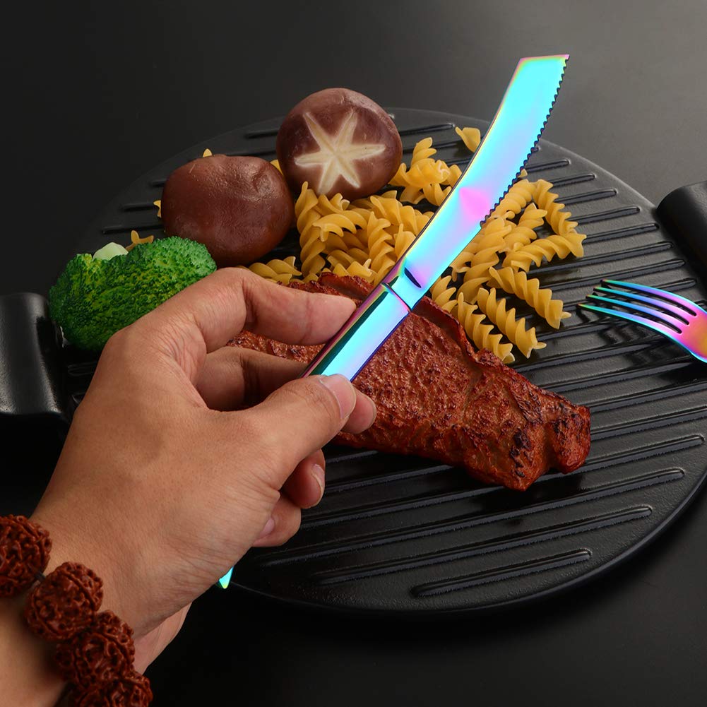 6-Piece Rainbow Steak Knife Set - Premium Serrated Stainless Steel Kitchen Knives for Steak, Dishwasher Safe Flatware Utensils - Perfect for BBQ, Dinner Parties & Restaurant Use