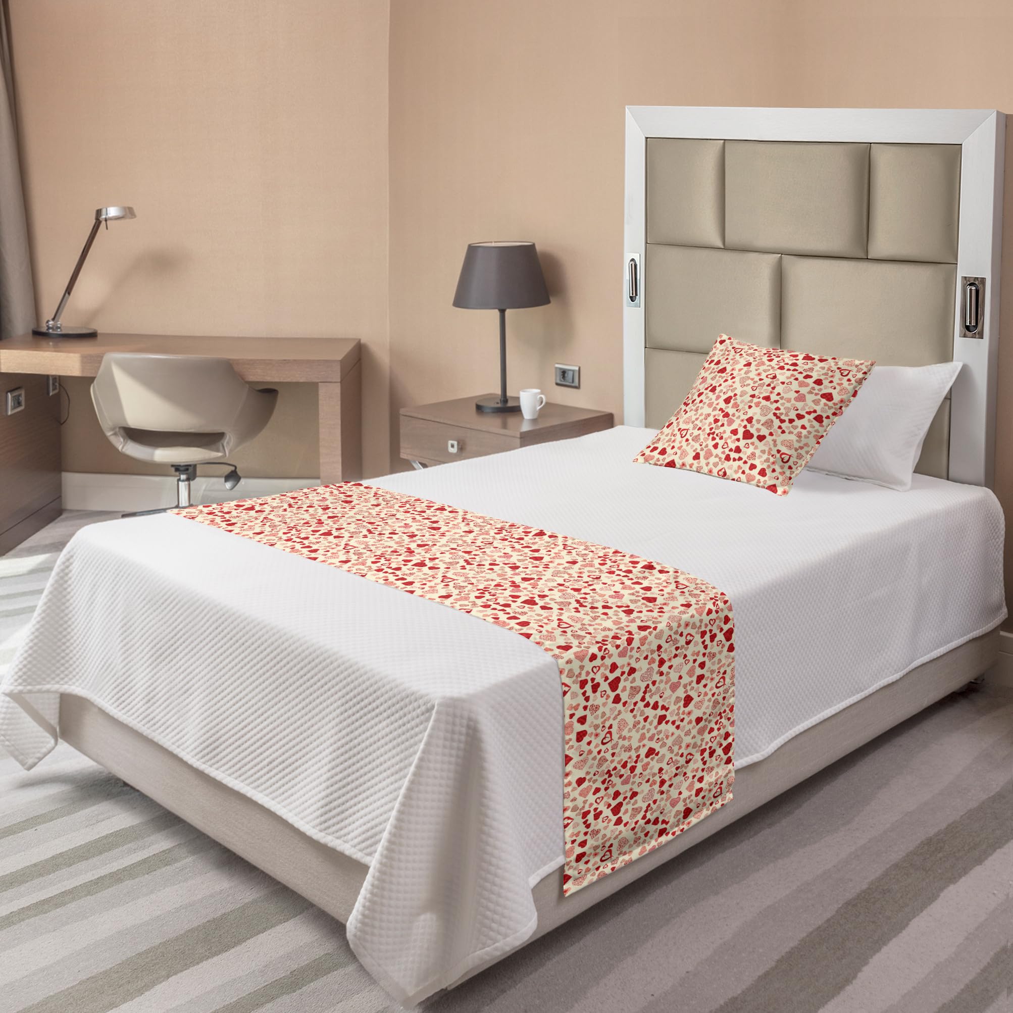 Ambesonne Vintage Valentine Bed Runner Set - Romantic Irregular Hearts Pattern, Decorative Bed Scarf & Pillow Sham for Twin Bed | Cream & Vermilion | Perfect for Hotels, Homes & Valentine's Day Decor