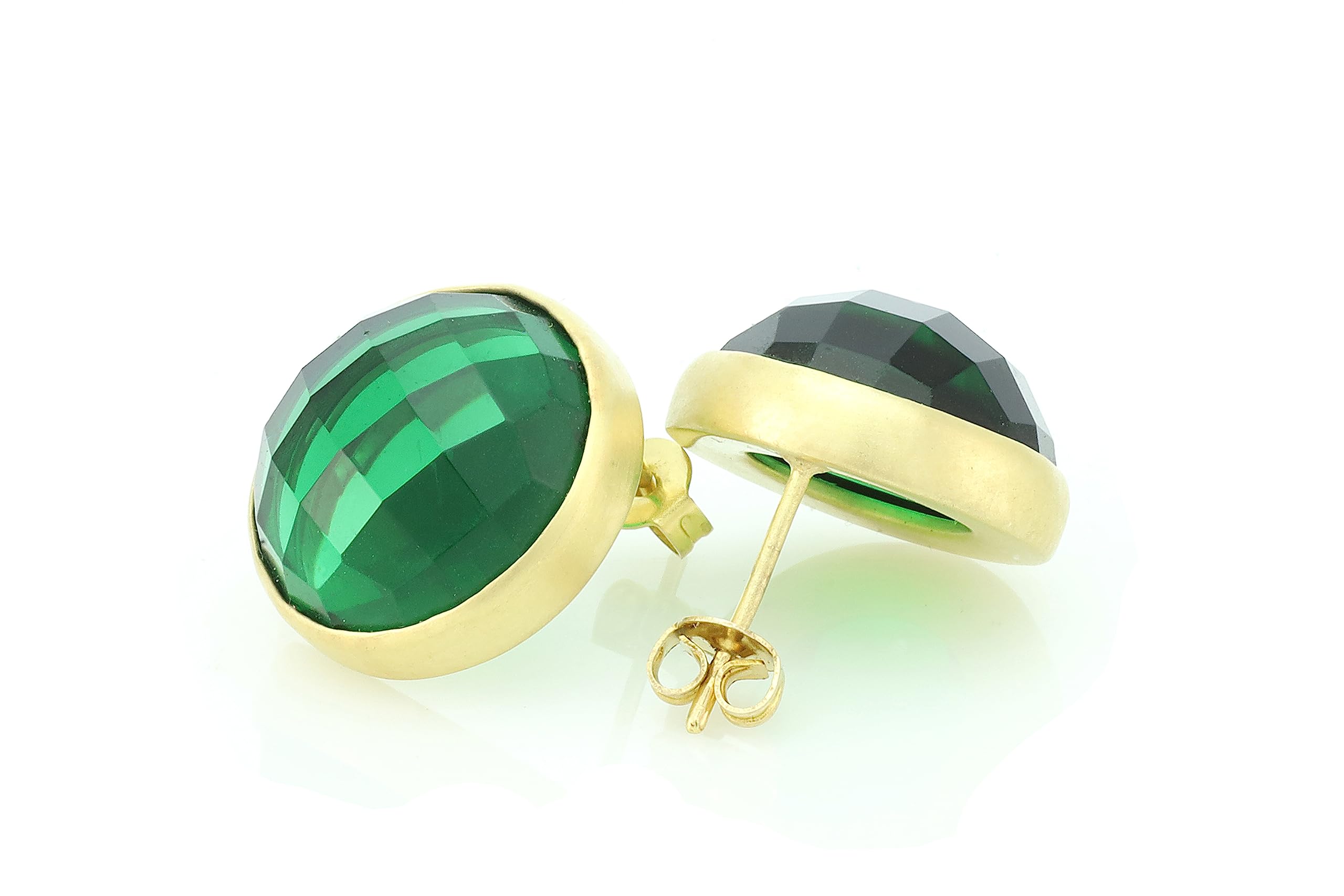 Big Round Bezel Set Emerald Stud Earrings - 14K Gold May Birthstone Jewelry - Faceted Green Gemstone Earrings for Women - Perfect Gift for Mother's Day, Birthday & Anniversary
