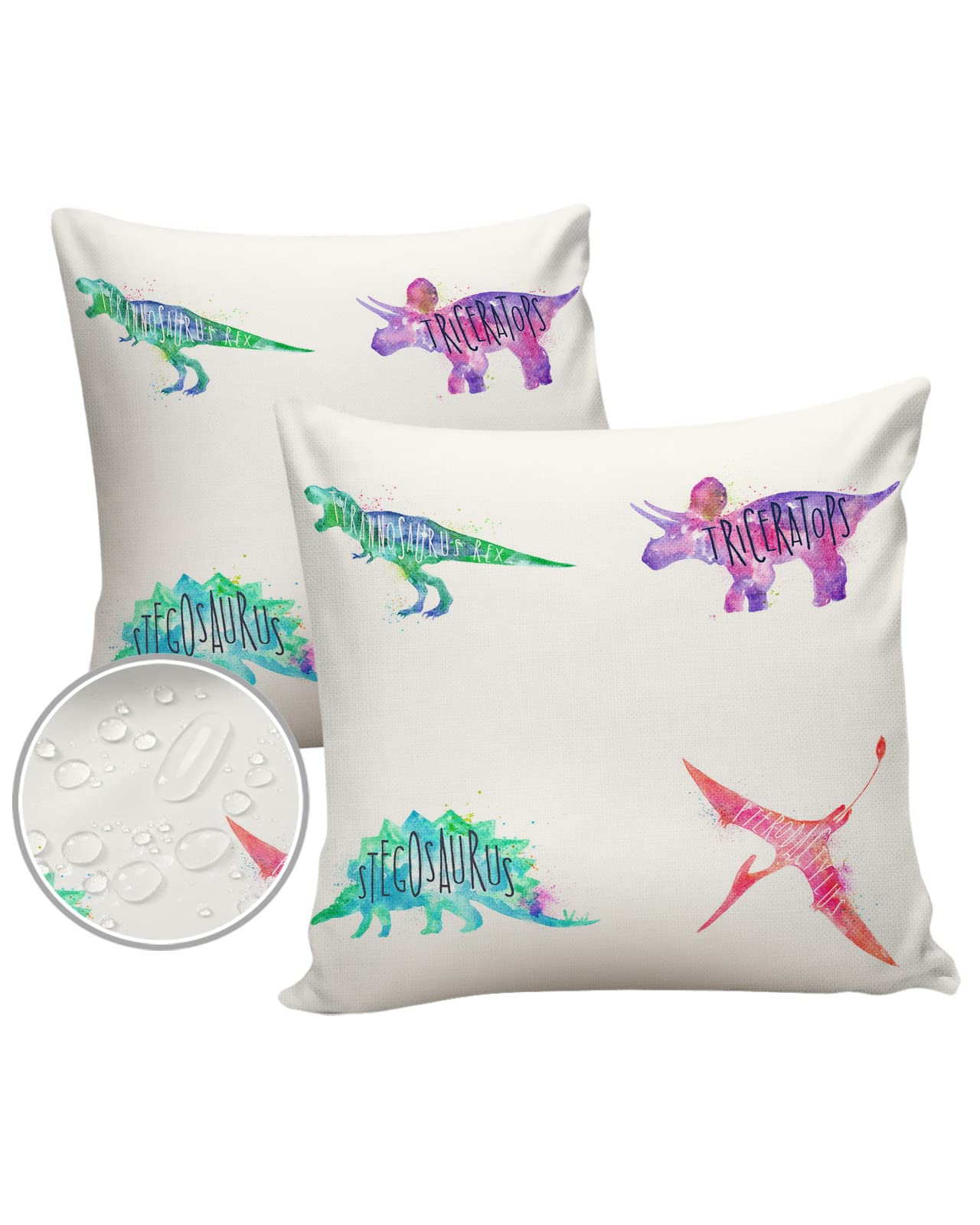 Waterproof Dinosaur Throw Pillow Covers 24x24 Inch - Decorative Cushion Covers for Sofa, Couch & Chair - Indoor/Outdoor Durable Pillow Cases with Watercolor Stegosaurus & T-Rex Design - Perfect for Kids' Room, Living Room Decor & Outdoor Patio Furniture