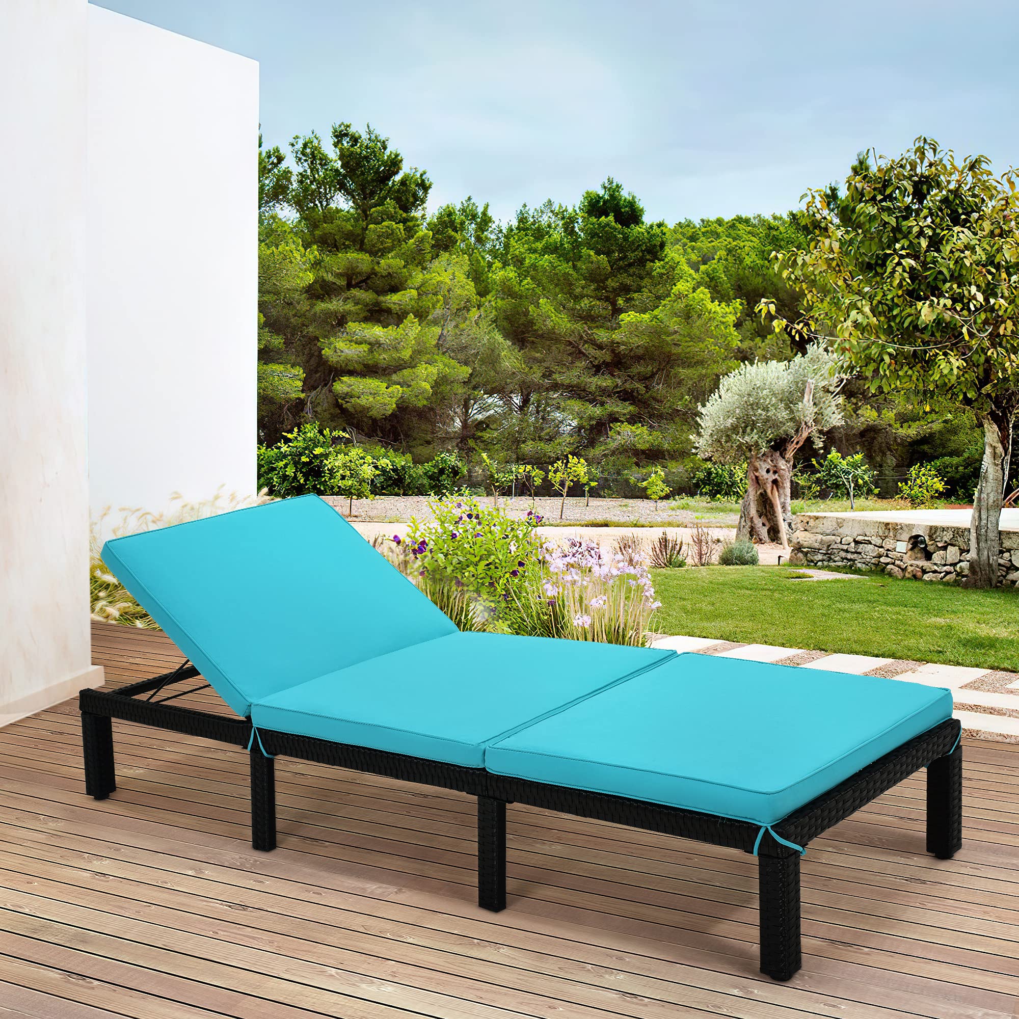 **Outdoor Adjustable PE Rattan Chaise Lounge Chair with Cushion - Steel Frame Sunbed for Patio, Backyard, Beach, Garden & Balcony - Perfect for Relaxing, Sunbathing & Lounging (Blue + Sunbed)**