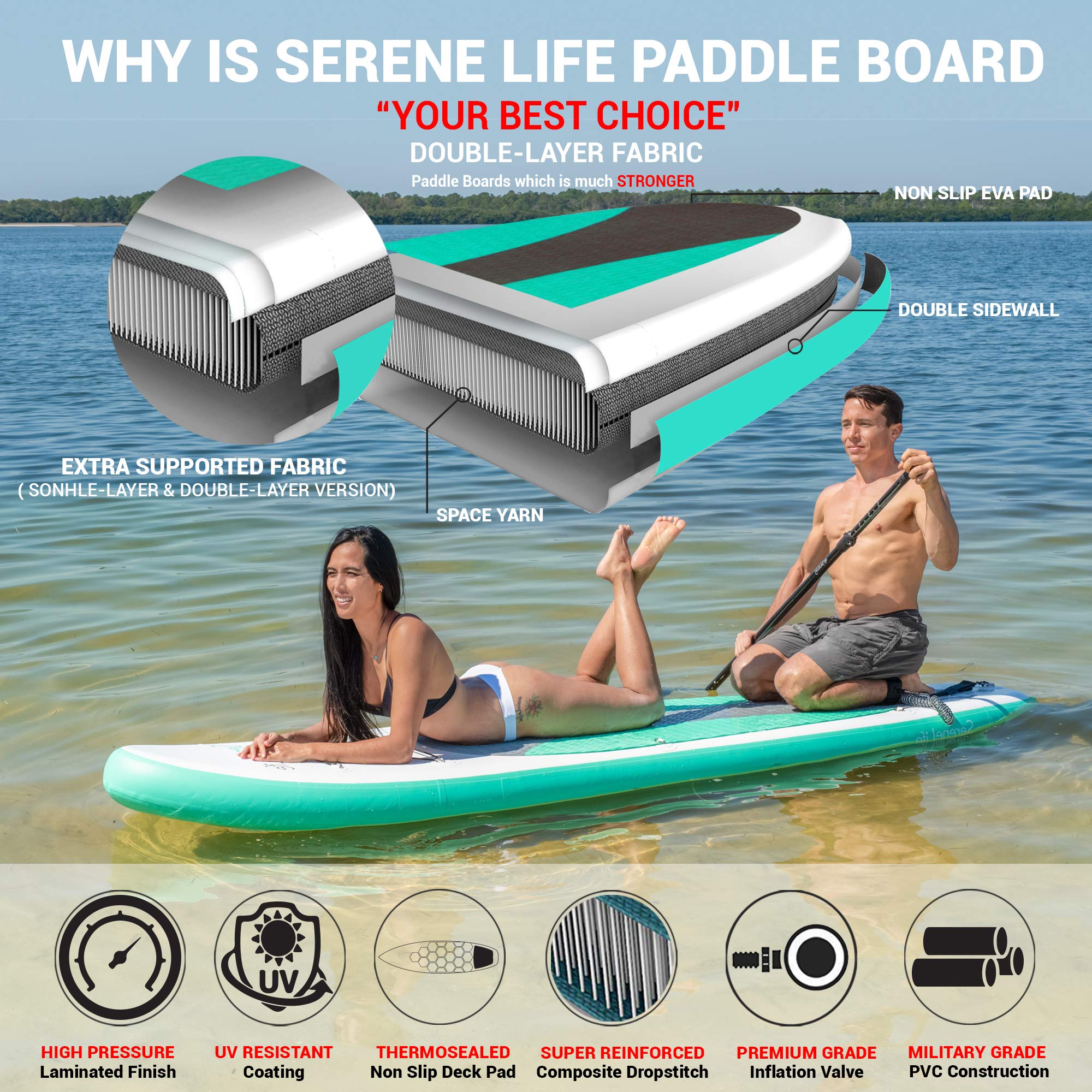 SereneLife Inflatable Stand Up Paddle Board - Ultra Stable SUP for Adults & Kids with Non-Slip Deck, Premium Paddle Board Accessories, Carry Bag, Dual Action Pump, Paddle & Ankle Leash - Perfect for Lakes, Rivers & Ocean Recreation