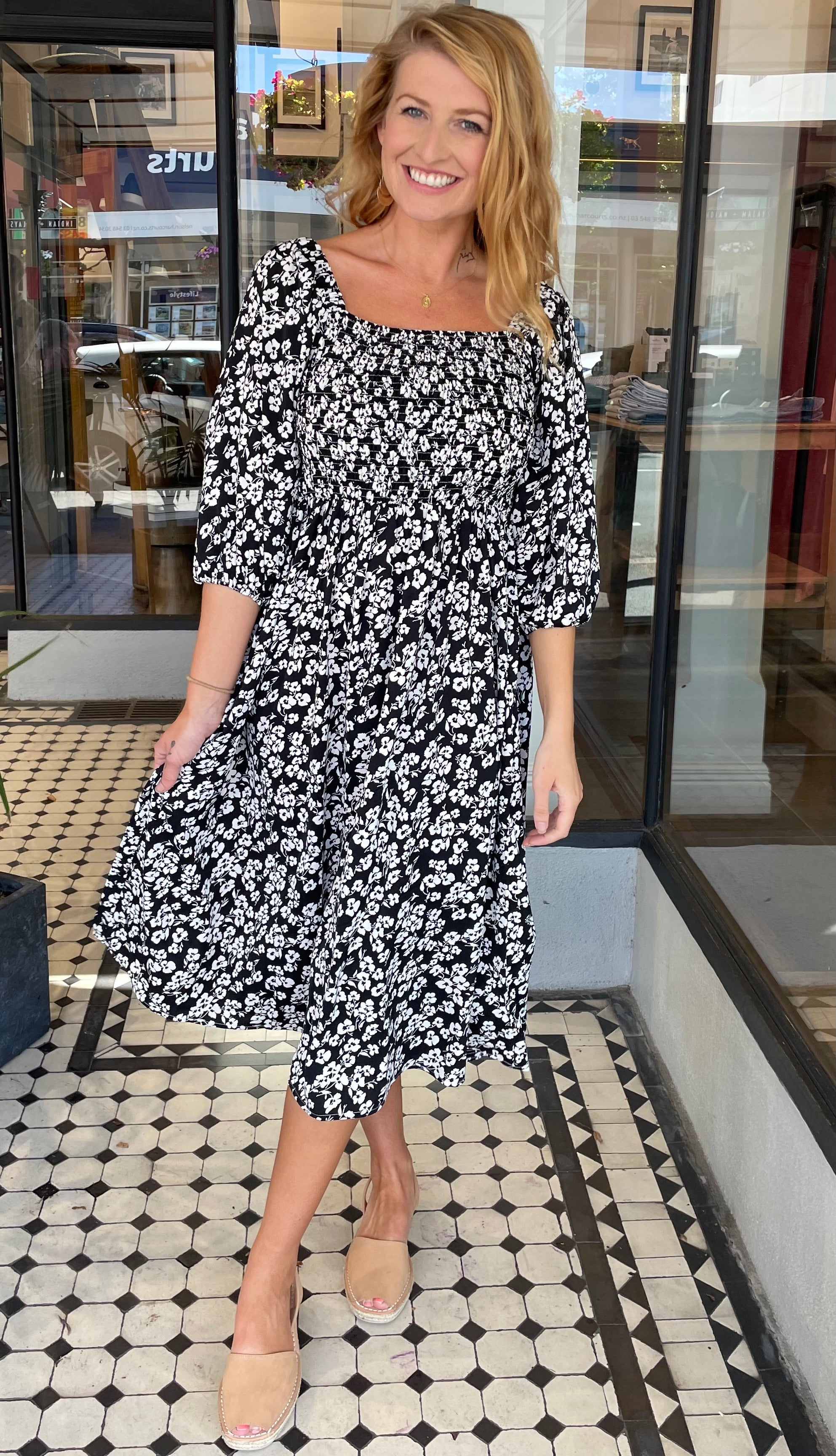 Tish Smocked Bodice Dress for Women - Elegant Black Floral Summer Dress for Weddings, Parties & Special Occasions