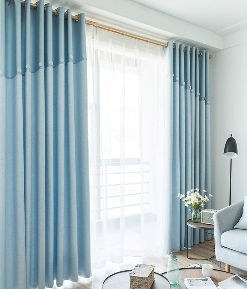 Noise Reducing Grommet Top Curtains for Patio Sliding Door - 55x79 Inch Light Blue Window Treatment with Button Stitching | Perfect for Girls' Bedroom & Living Room Blackout Needs
