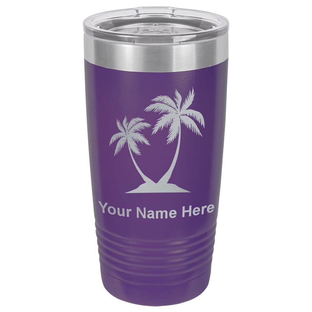 LaserGram 20oz Vacuum Insulated Stainless Steel Tumbler Mug with Palm Tree Design - Personalized Engraving, Leakproof Lid, Keeps Drinks Hot/Cold for Hours - Perfect for Beach, Office & Travel (Dark Purple)
