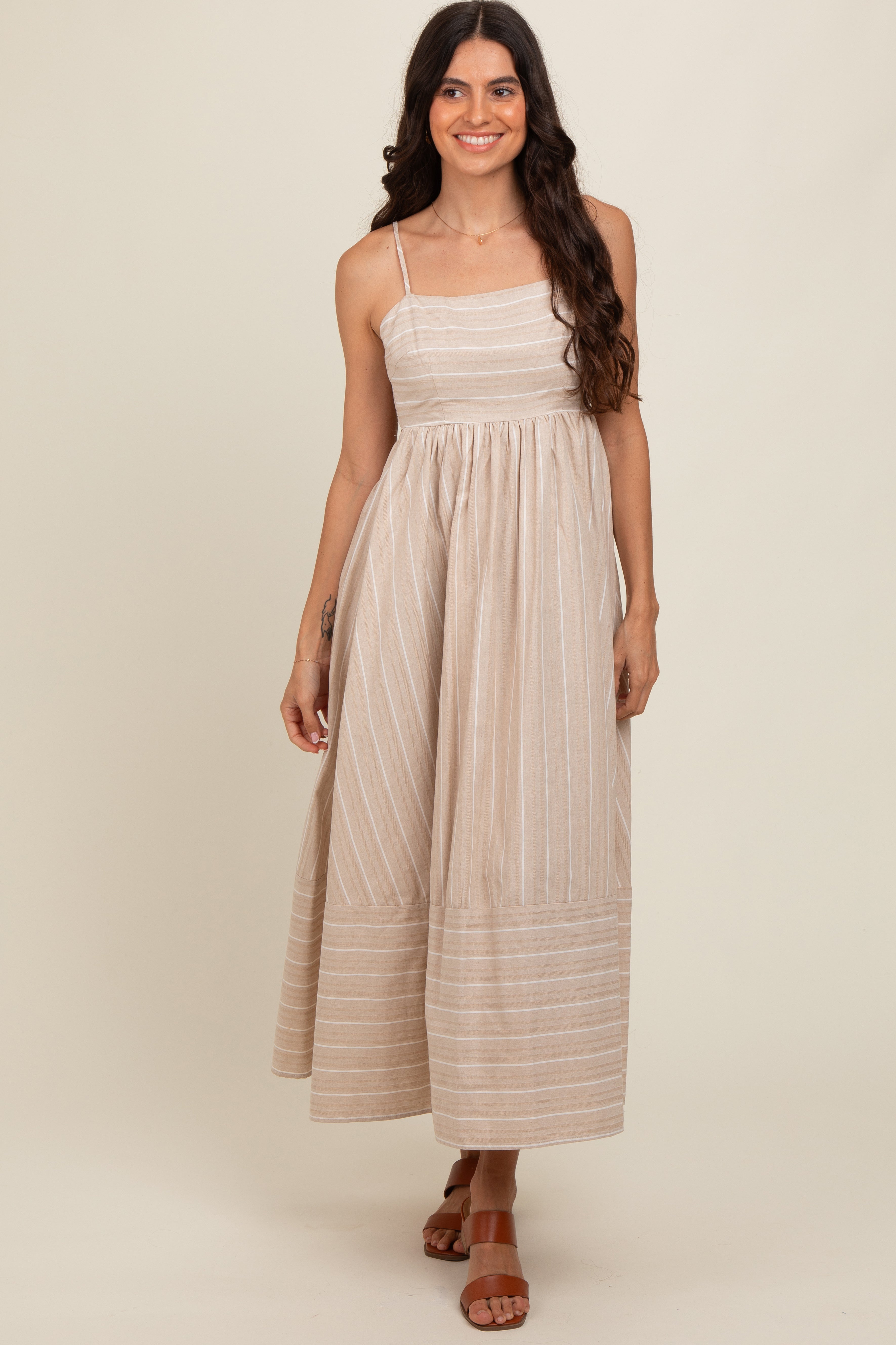 Beige Striped Maternity Maxi Dress with Cutout Back - Comfortable Pregnancy Dress for Baby Shower, Beach Vacation & Photoshoots