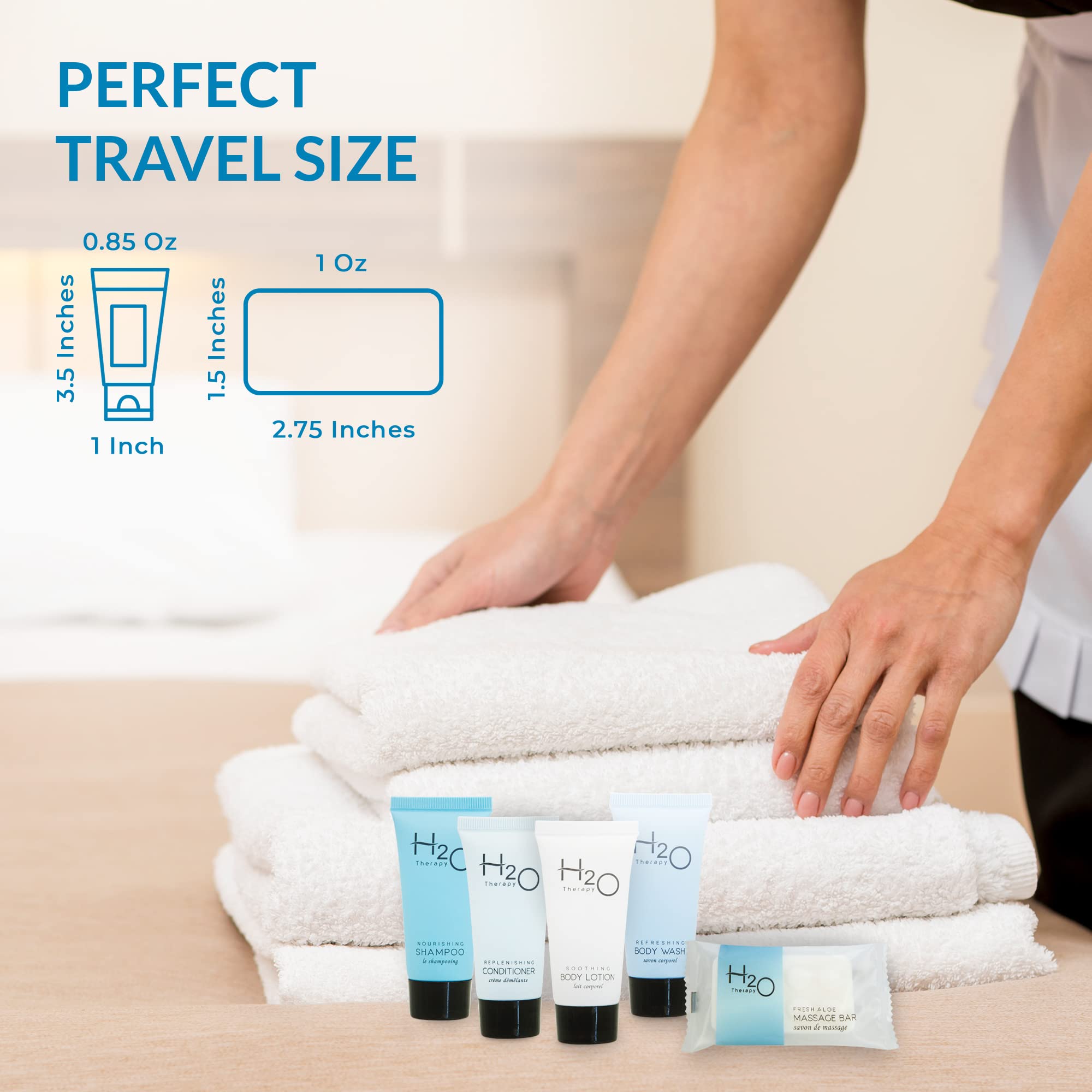 H2O Therapy Hotel Soiletries Bulk Set - 75 Piece Travel Amenities Kit with 0.85oz Shampoo, Conditioner, Body Wash, Lotion & 1oz Bar Soap | Perfect for Hotels, Spas, Travelers & Guest Bathrooms