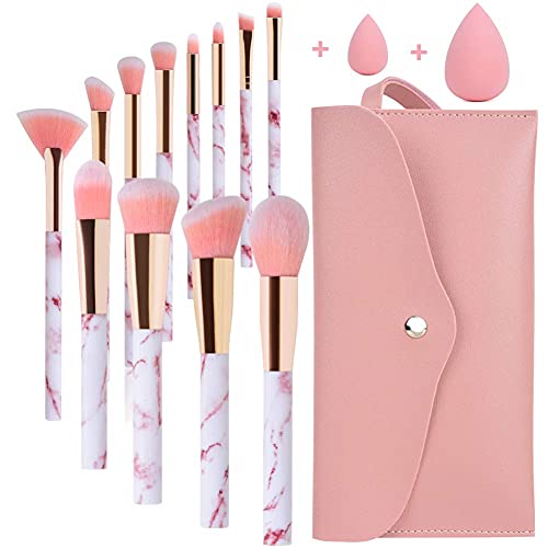 Professional 12-Piece Pink Marble Makeup Brush Set - Foundation, Concealer, Blush & Eyeshadow Brushes with Beauty Blender & Makeup Bag | Perfect for Daily Makeup, Travel & Professional Makeup Artists