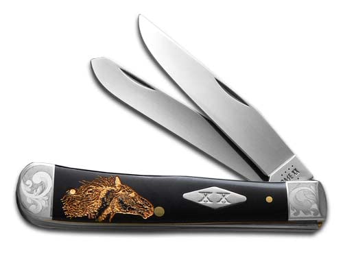 Case XX Trapper 1/500 Limited Edition Black & Gold Wild Mustang Stainless Steel Engraved Pocket Knife - Perfect for Camping, Hunting & Outdoor Adventures