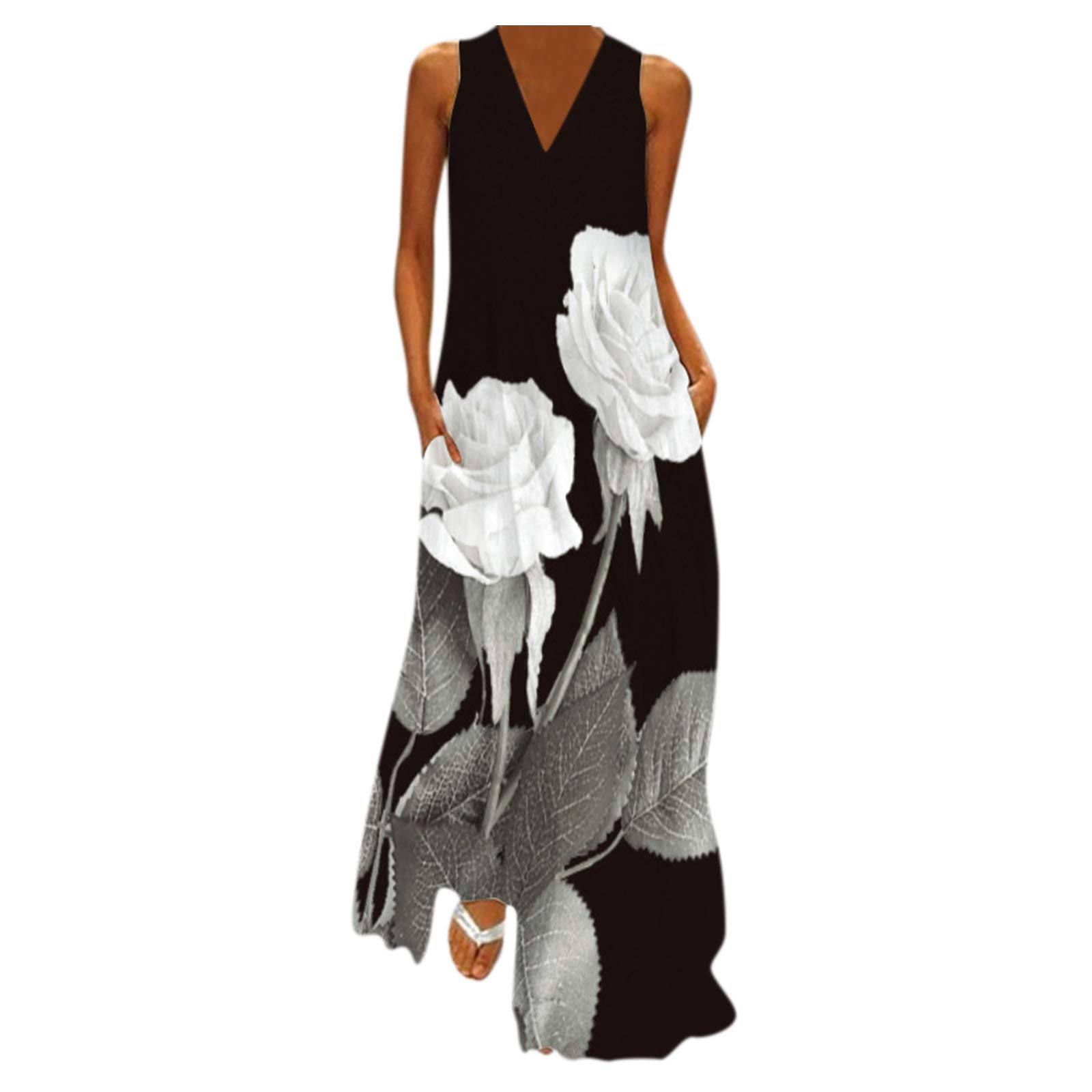 Women's Sundresses Casual with Sleeves & Sleeveless Gradient Print Summer Dresses - Spaghetti Strap V-Neck Cami Maxi Long Dress with Pockets (White, XX-Large) for Beach Vacation and Outdoor Date