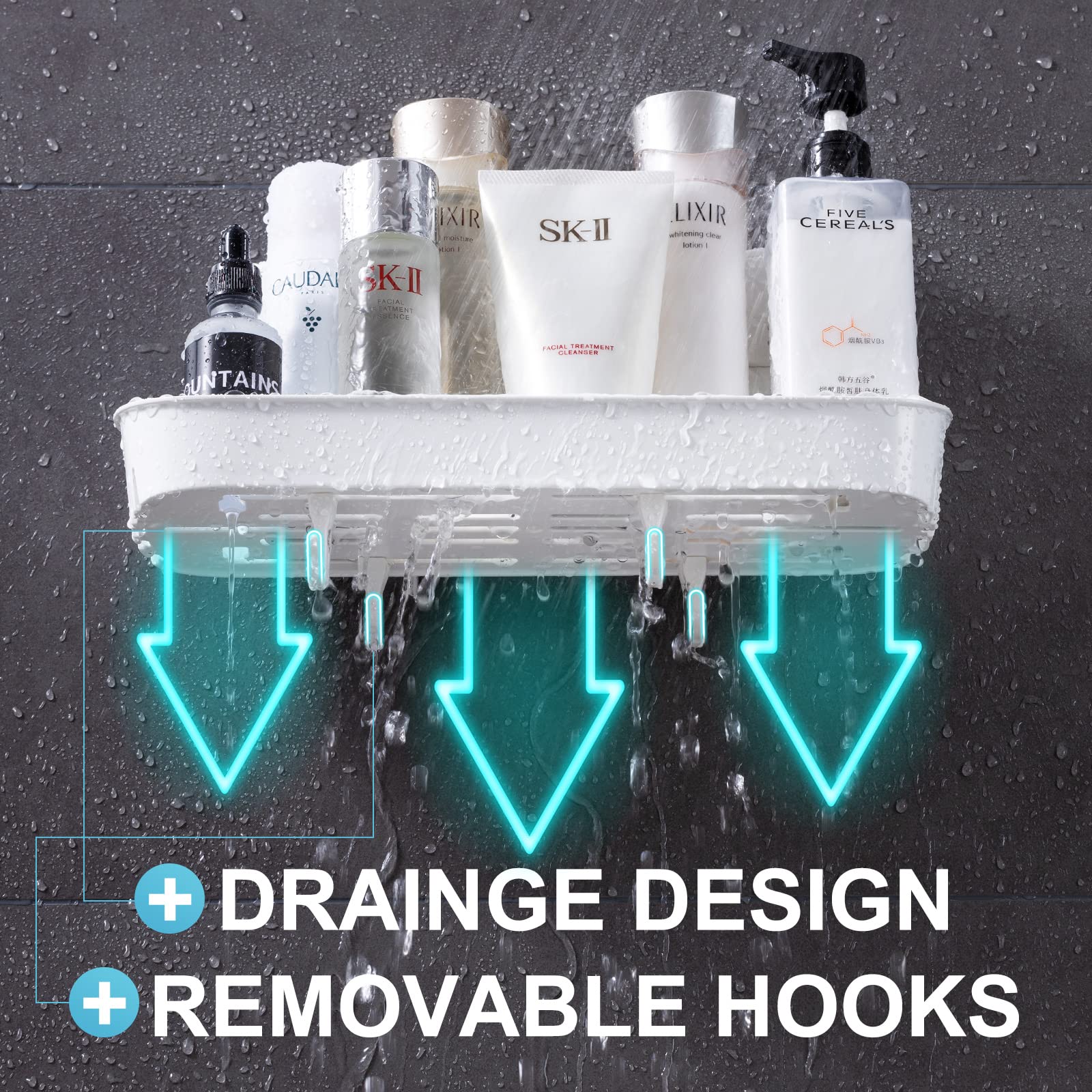 LEVERLOC Shower Caddy with 4 Hooks - 2 Pack Suction Cup Bathroom Shelf - No Drill Plastic Wall Mounted Storage Organizer - Quick 1 Second Installation, Removable & Reusable - Perfect for Small Bathrooms, Apartments, Dorms, and RVs