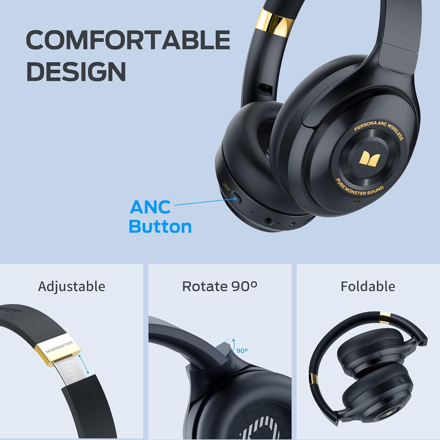 Monster Persona Wireless Bluetooth Over-Ear Headphones with Active Noise Cancelling, Hi-Fi Audio & Deep Bass, 30H Playtime, Quick Charge, Memory Foam Ear Cups - Perfect for Travel, Home Office, Commuting & Gaming